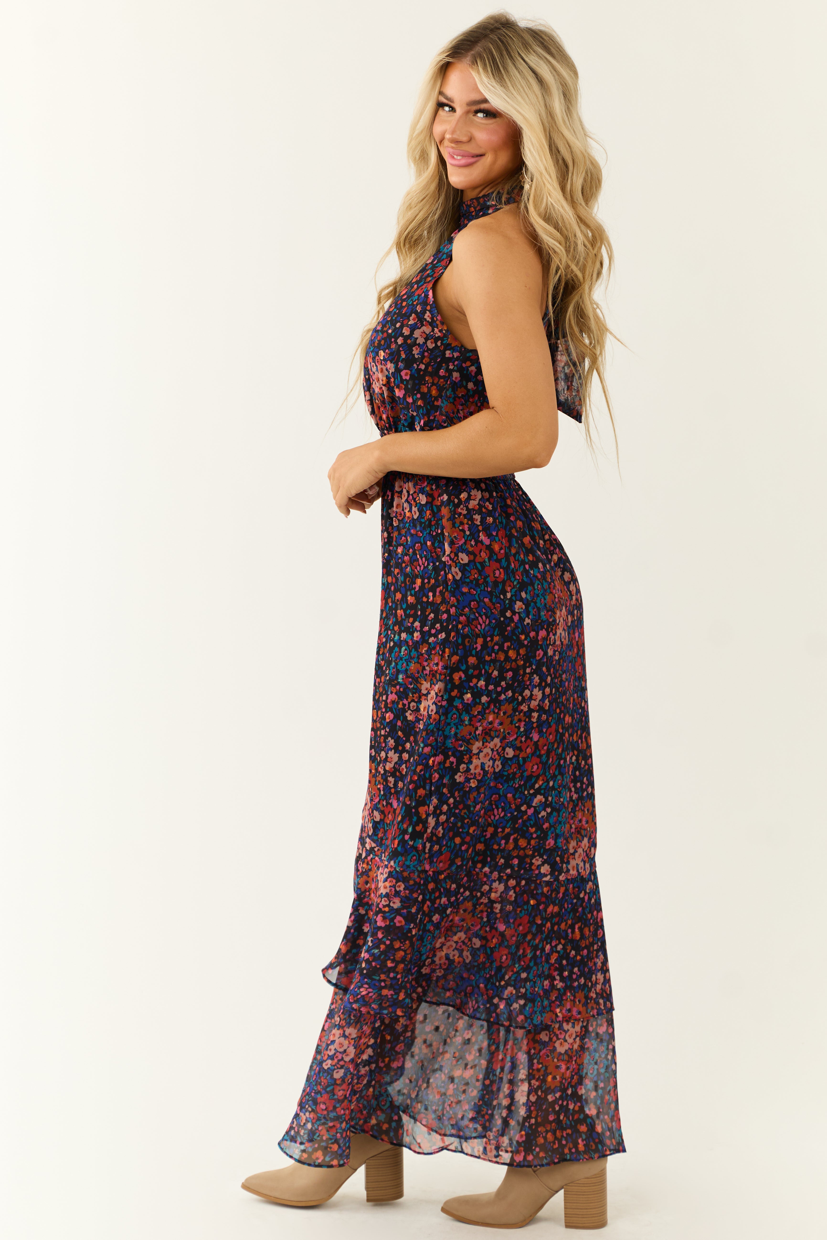 Multicolor Floral Print Chiffon Halter Neck Maxi Dress Multicolor Floral Print Chiffon Halter Neck Maxi Dress