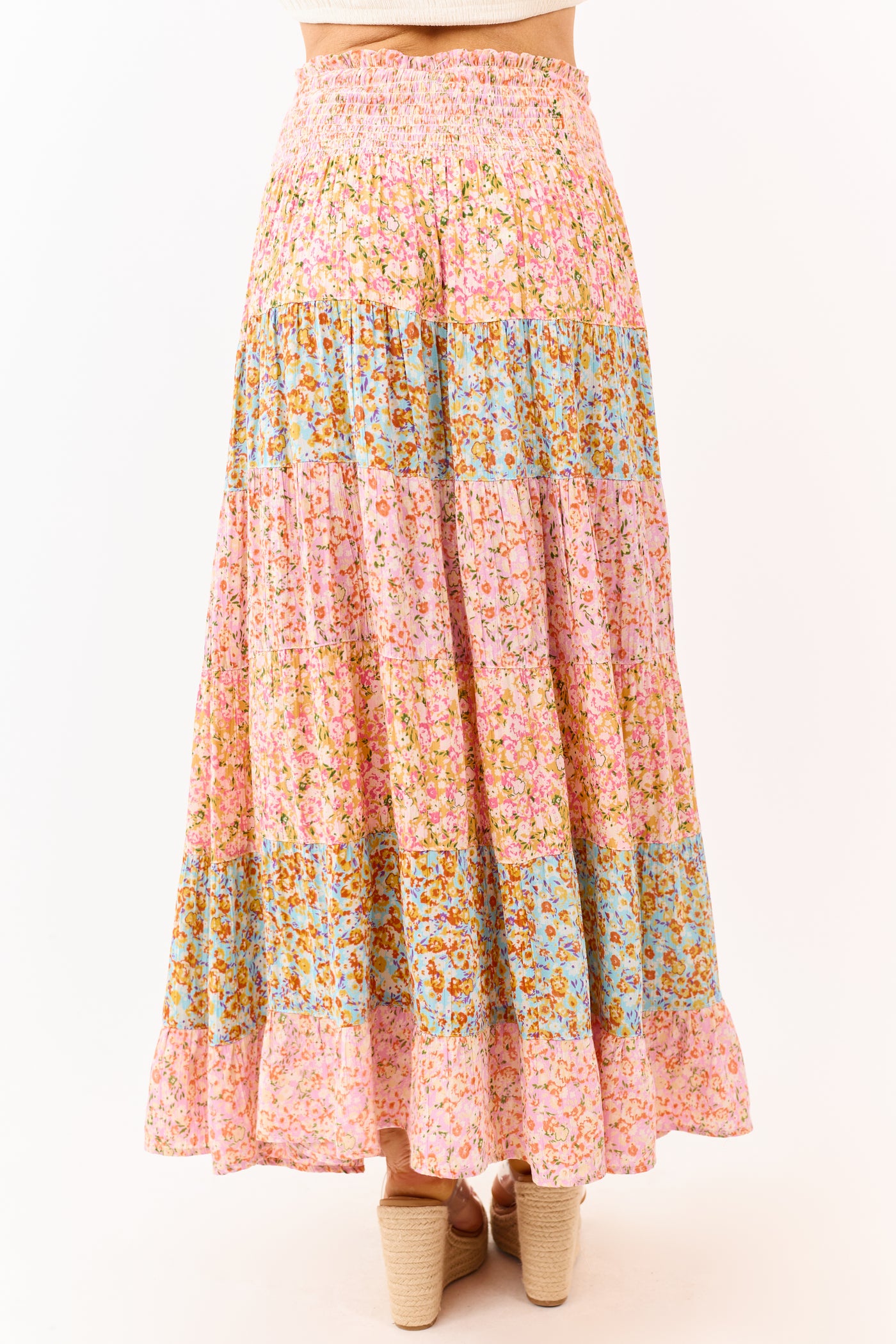 Multicolor Floral Print Colorblock Tiered Maxi Skirt
