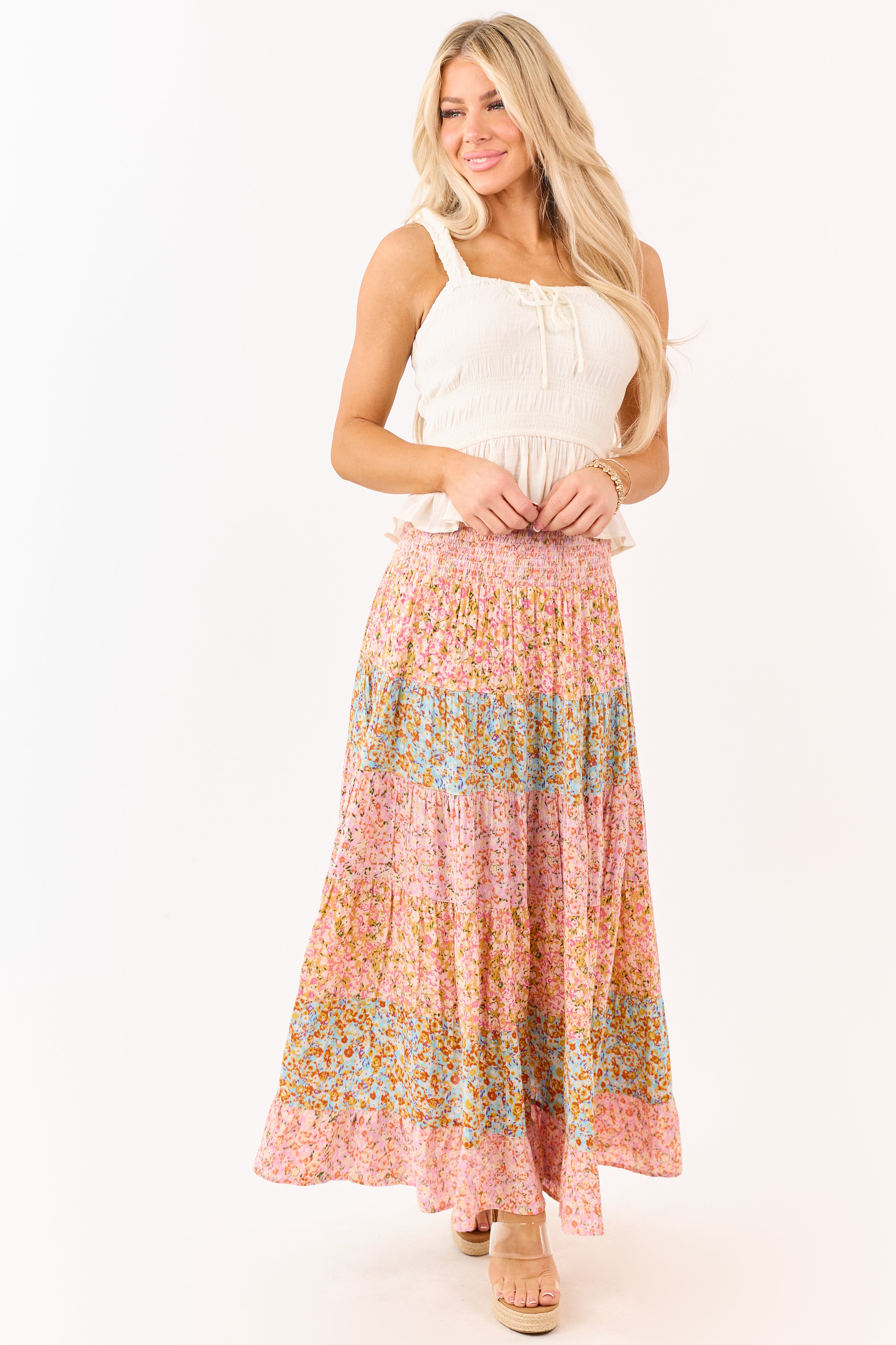 Multicolor Floral Print Colorblock Tiered Maxi Skirt
