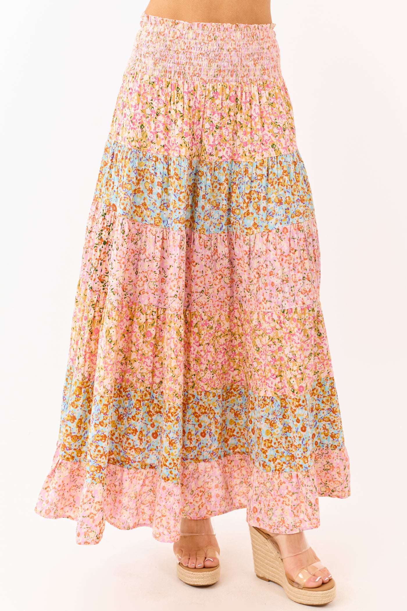 Multicolor Floral Print Colorblock Tiered Maxi Skirt