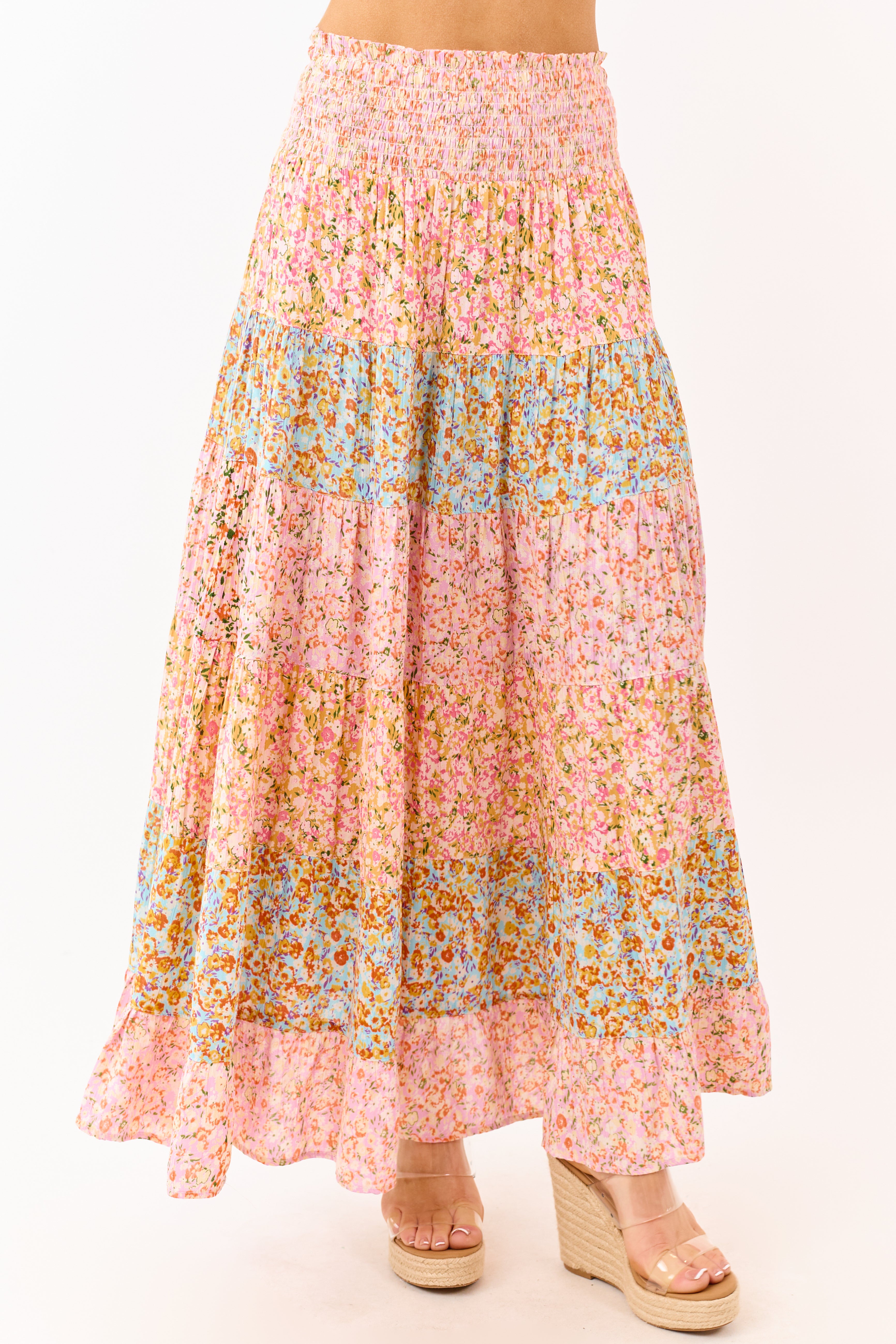 Multicolor Floral Print Colorblock Tiered Maxi Skirt