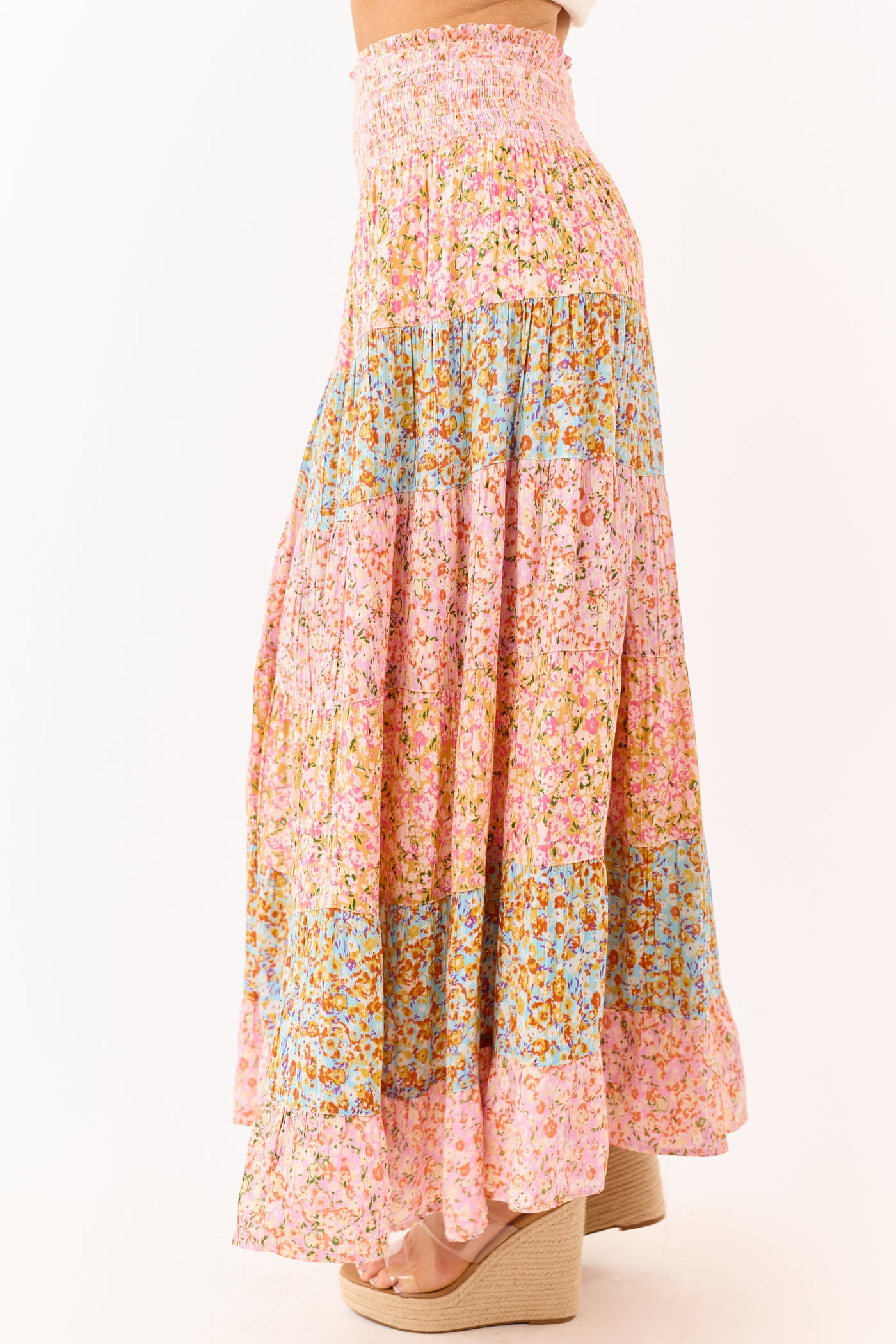 Multicolor Floral Print Colorblock Tiered Maxi Skirt