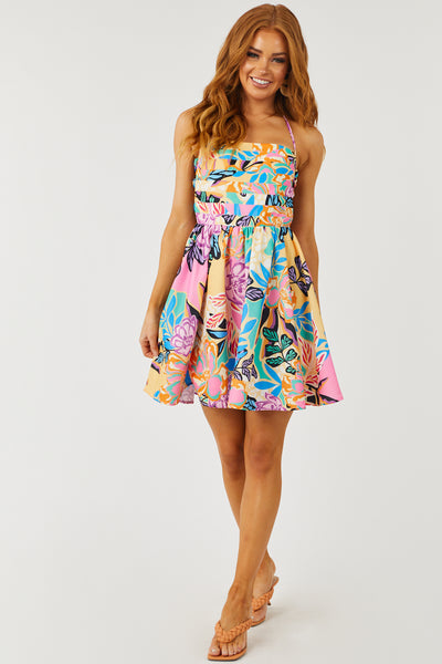 Multicolor Floral Strappy Open Back Short Dress