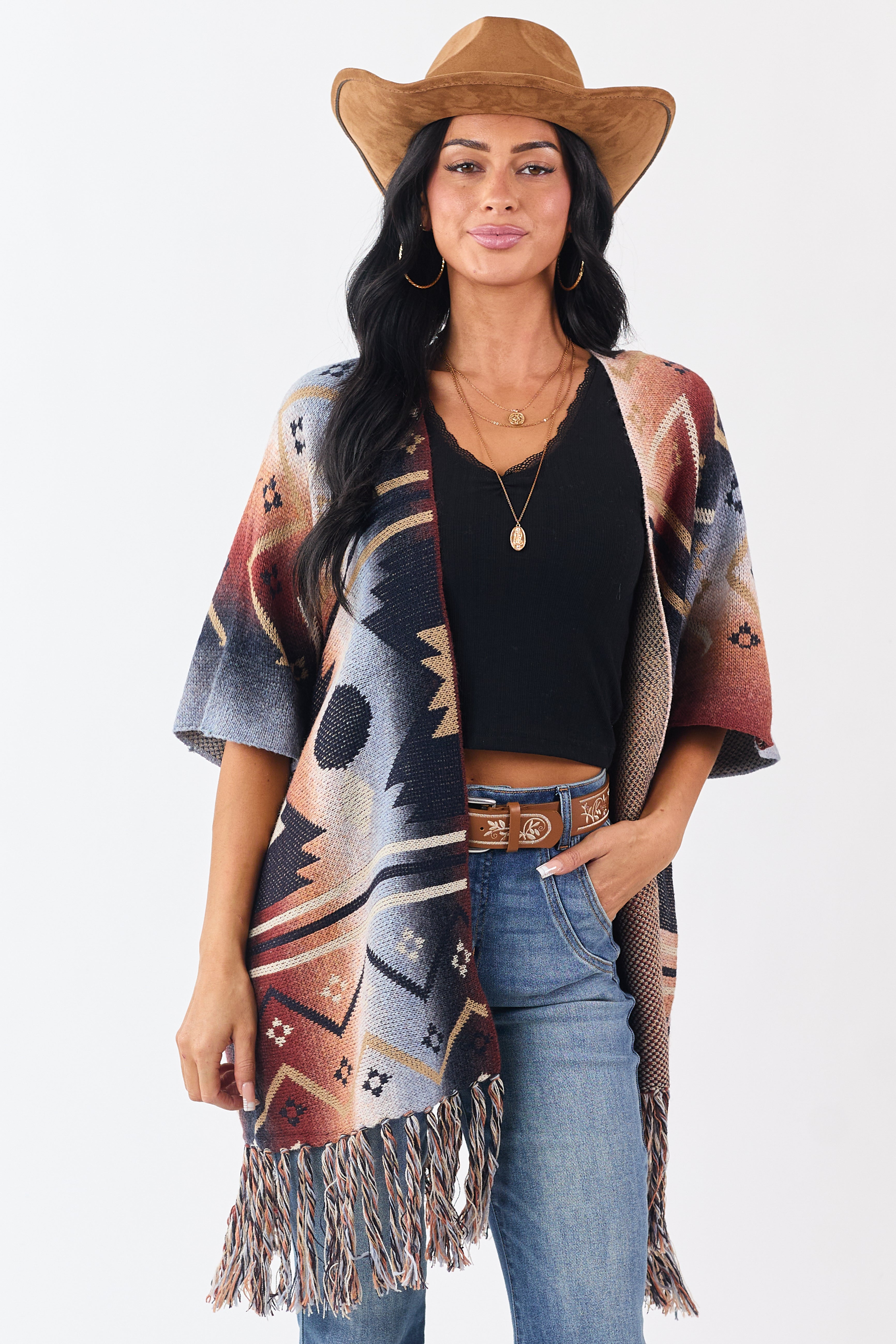 Multicolor Ombre Aztec Short Sleeve Sweater Cardigan
