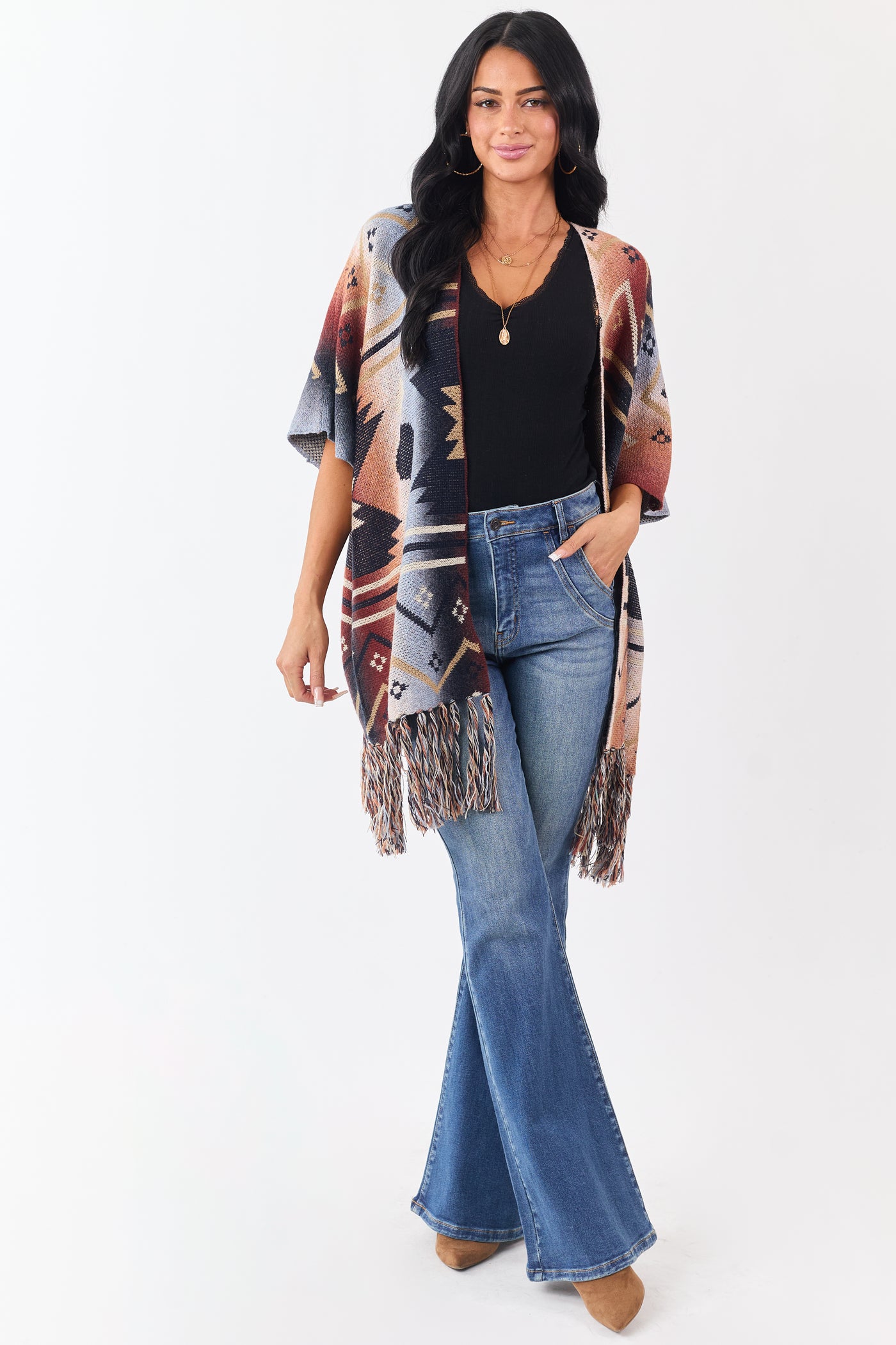 Multicolor Ombre Aztec Short Sleeve Sweater Cardigan