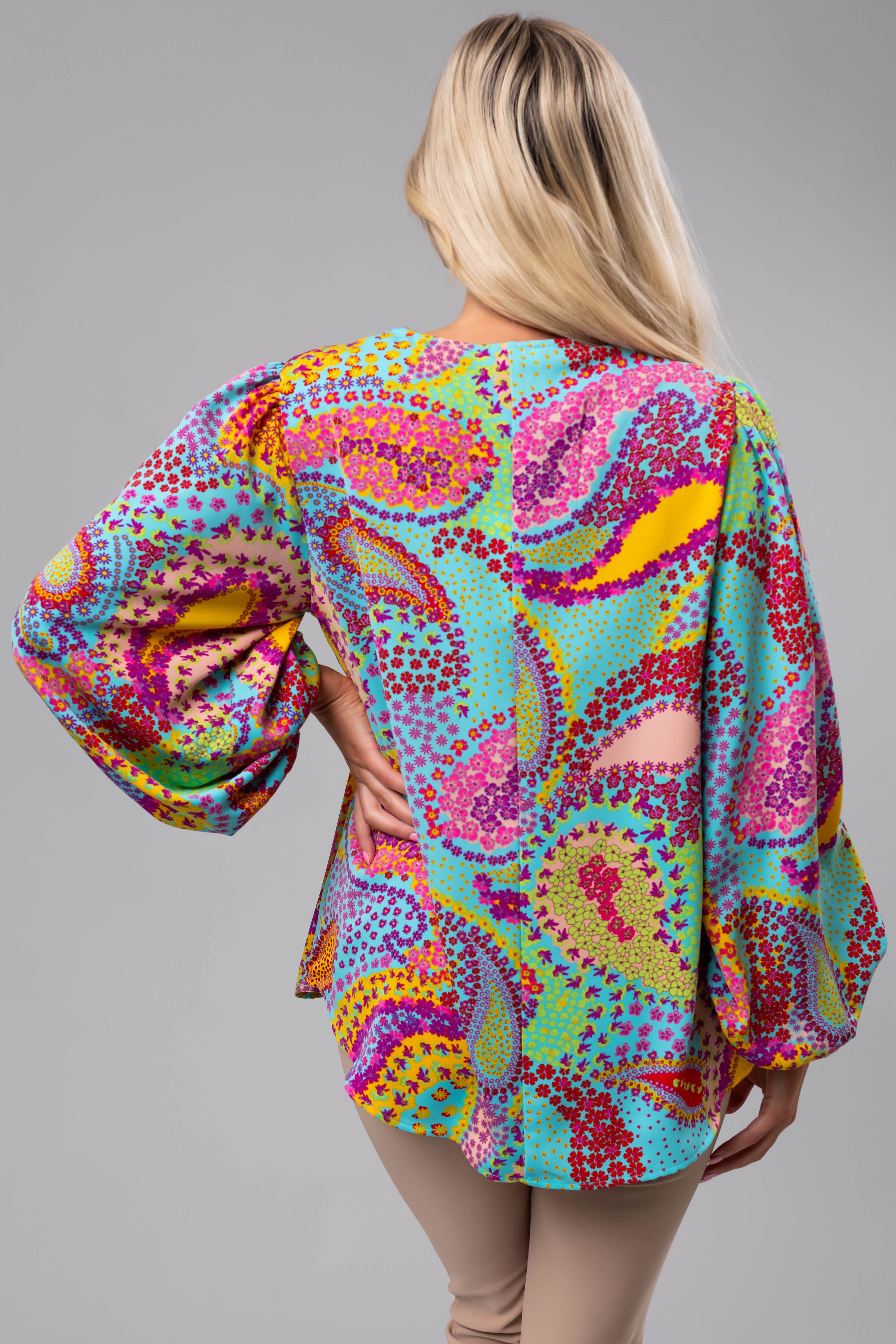 Multicolor Paisley Print Puff Sleeve Blouse | Lime Lush Boutique