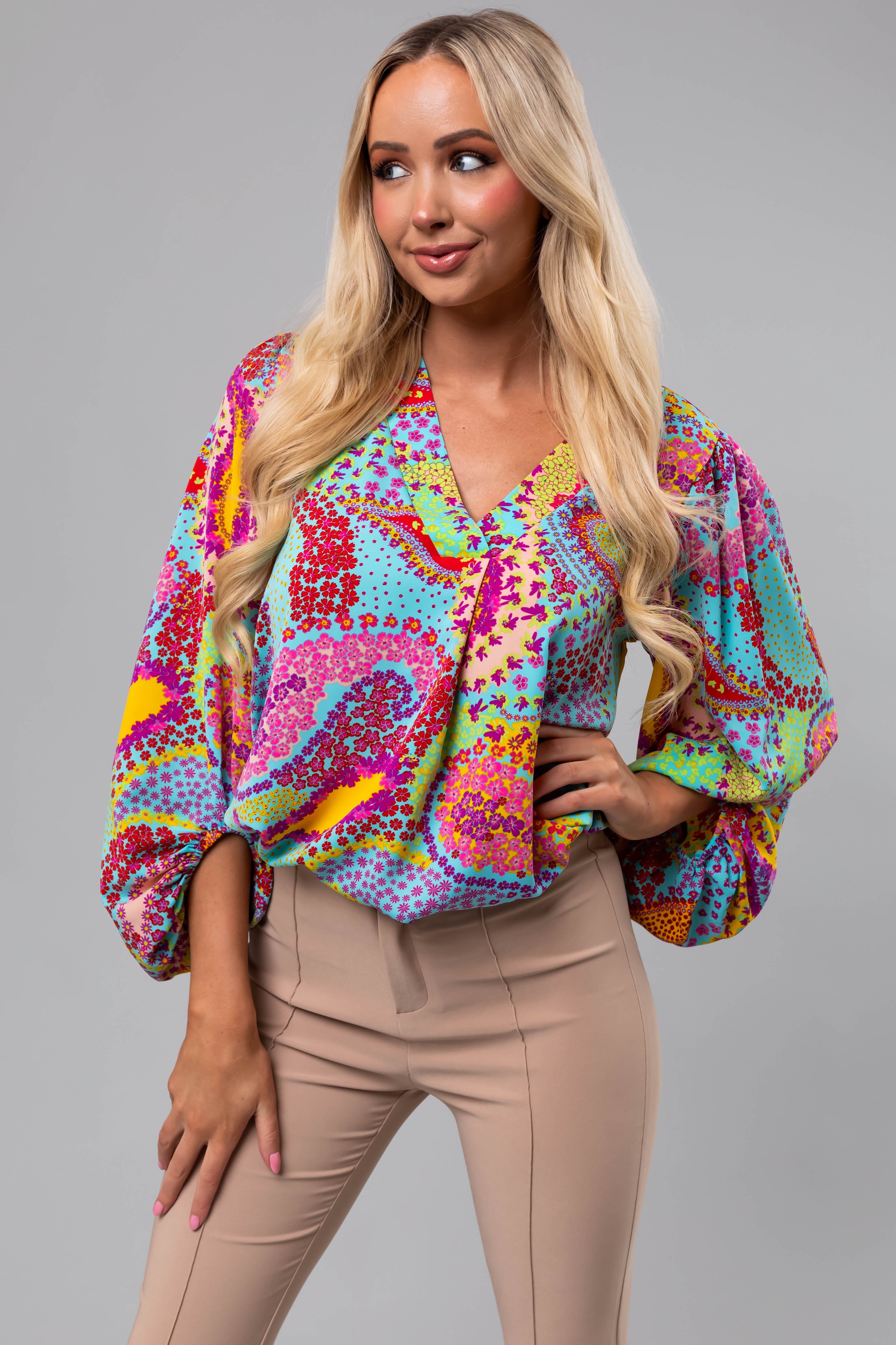 トップス Oriens Puff Sleeve Print Blouse Multicolor Paisley Print Puff Sleeve Blouse | Lime Lush Boutique