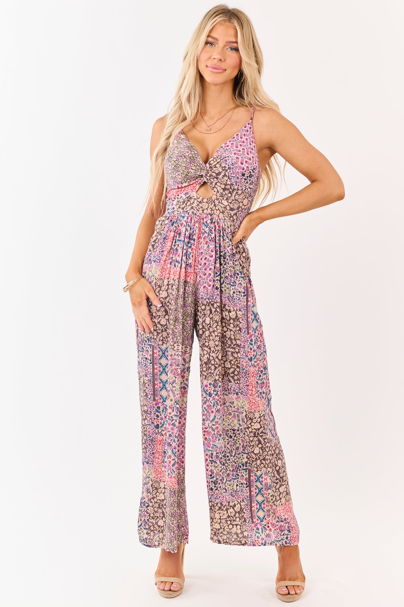 Multicolor Patchwork Floral Sleeveless Jumpsuit