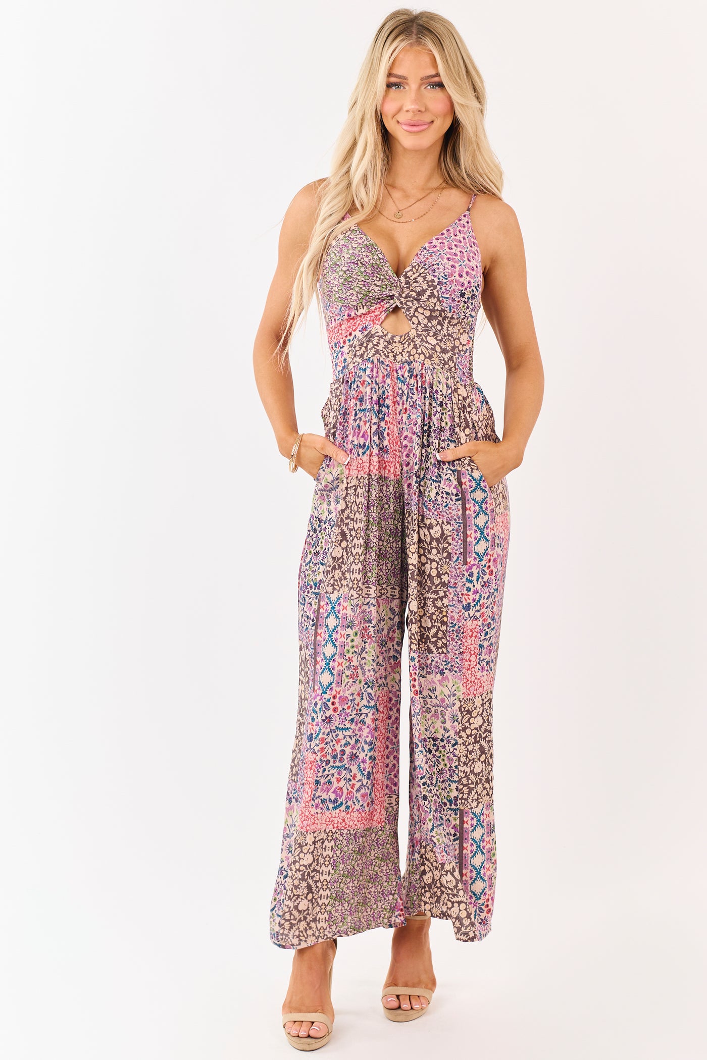 Multicolor Patchwork Floral Sleeveless Jumpsuit