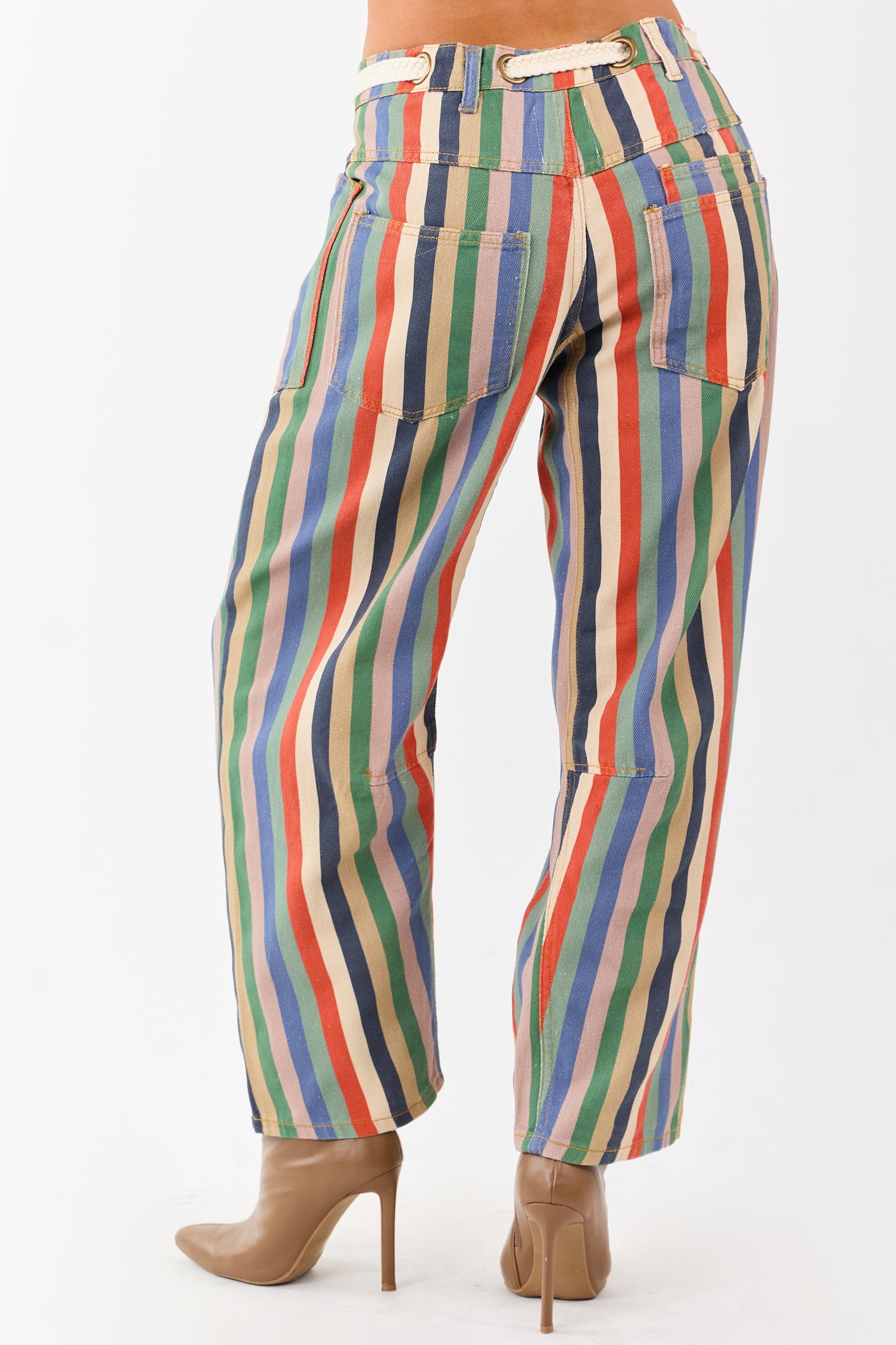 Multicolor Striped Wide Leg Waist Tie Denim Pants