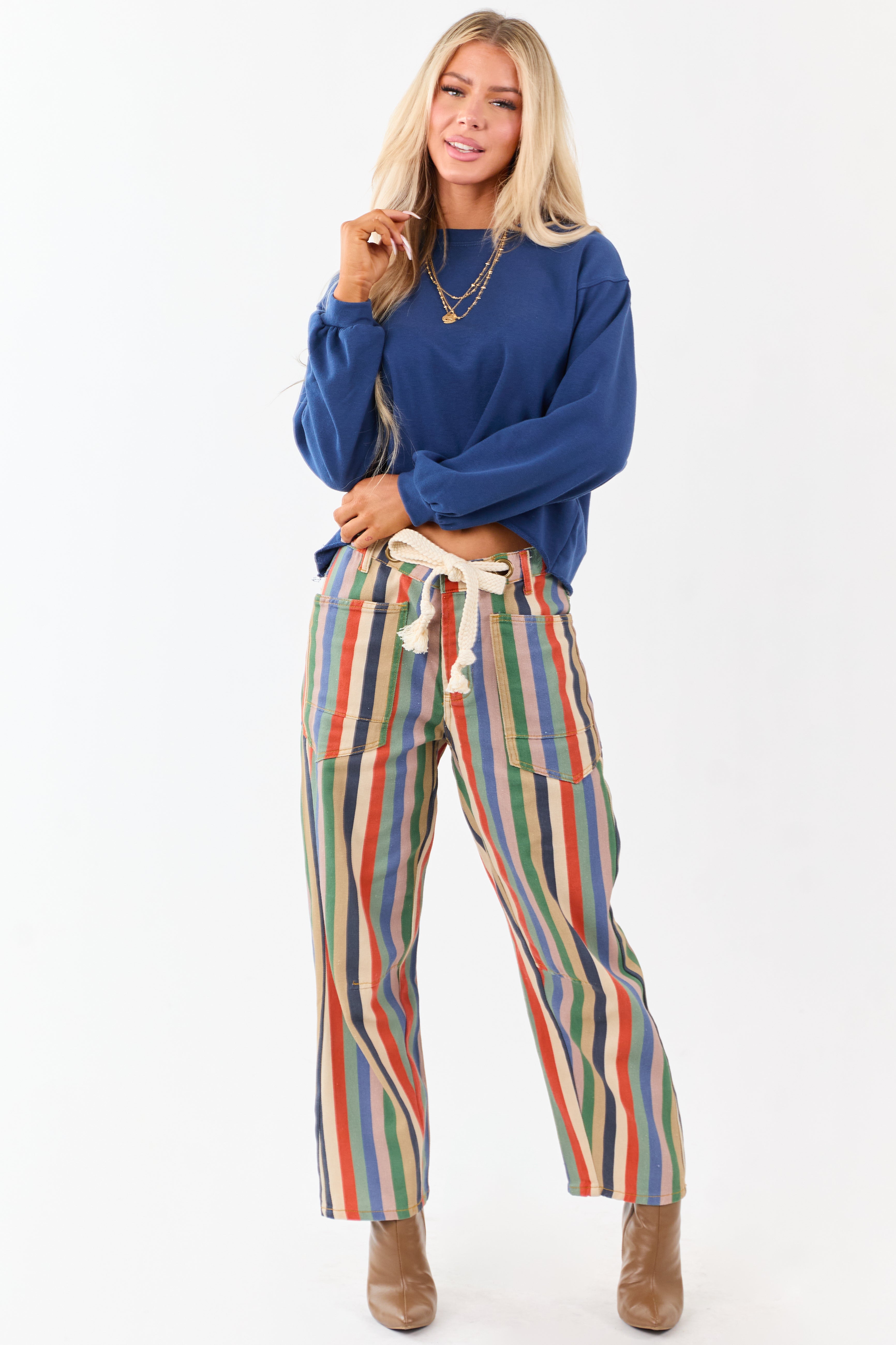 Multicolor Striped Wide Leg Waist Tie Denim Pants