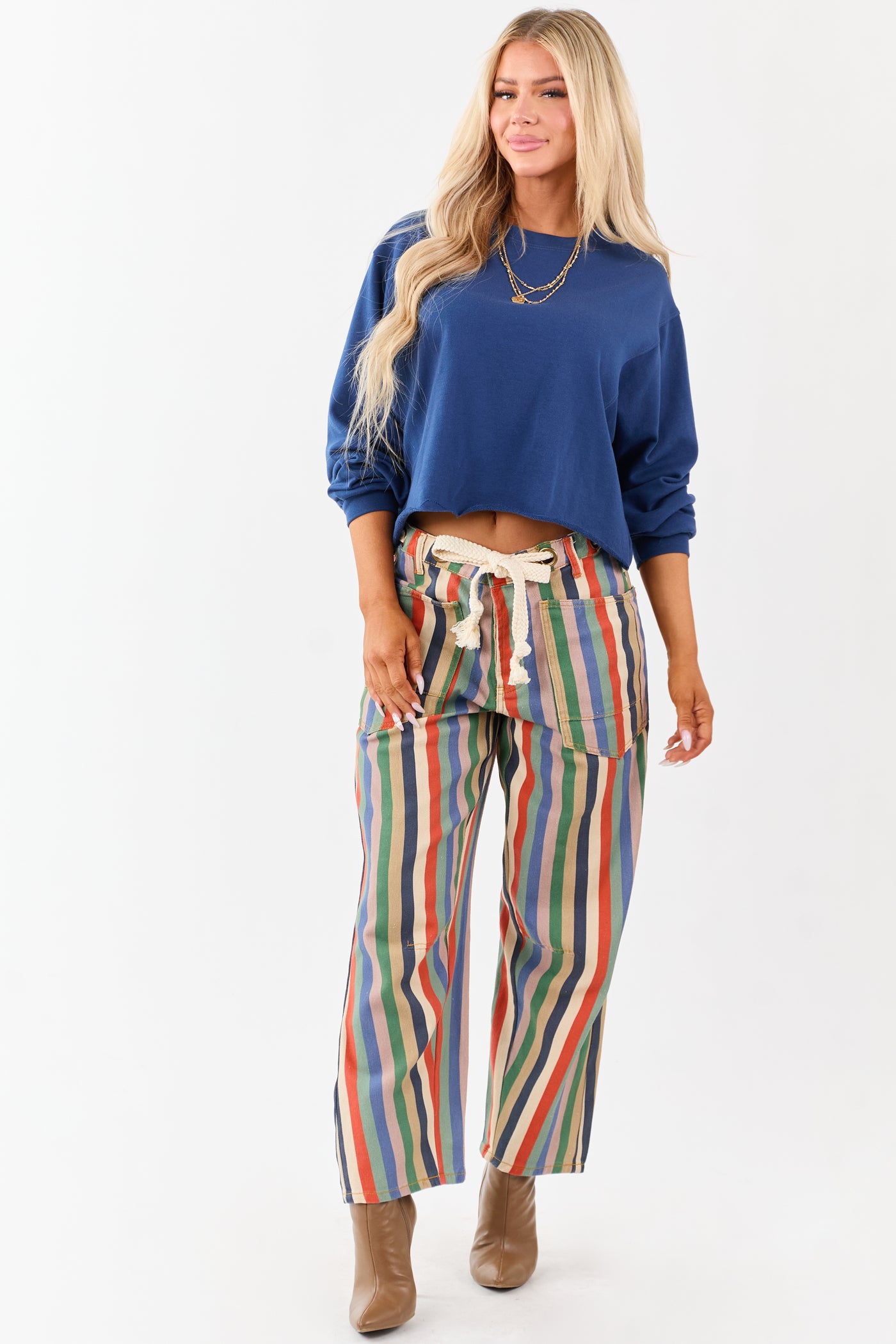 Multicolor Striped Wide Leg Waist Tie Denim Pants
