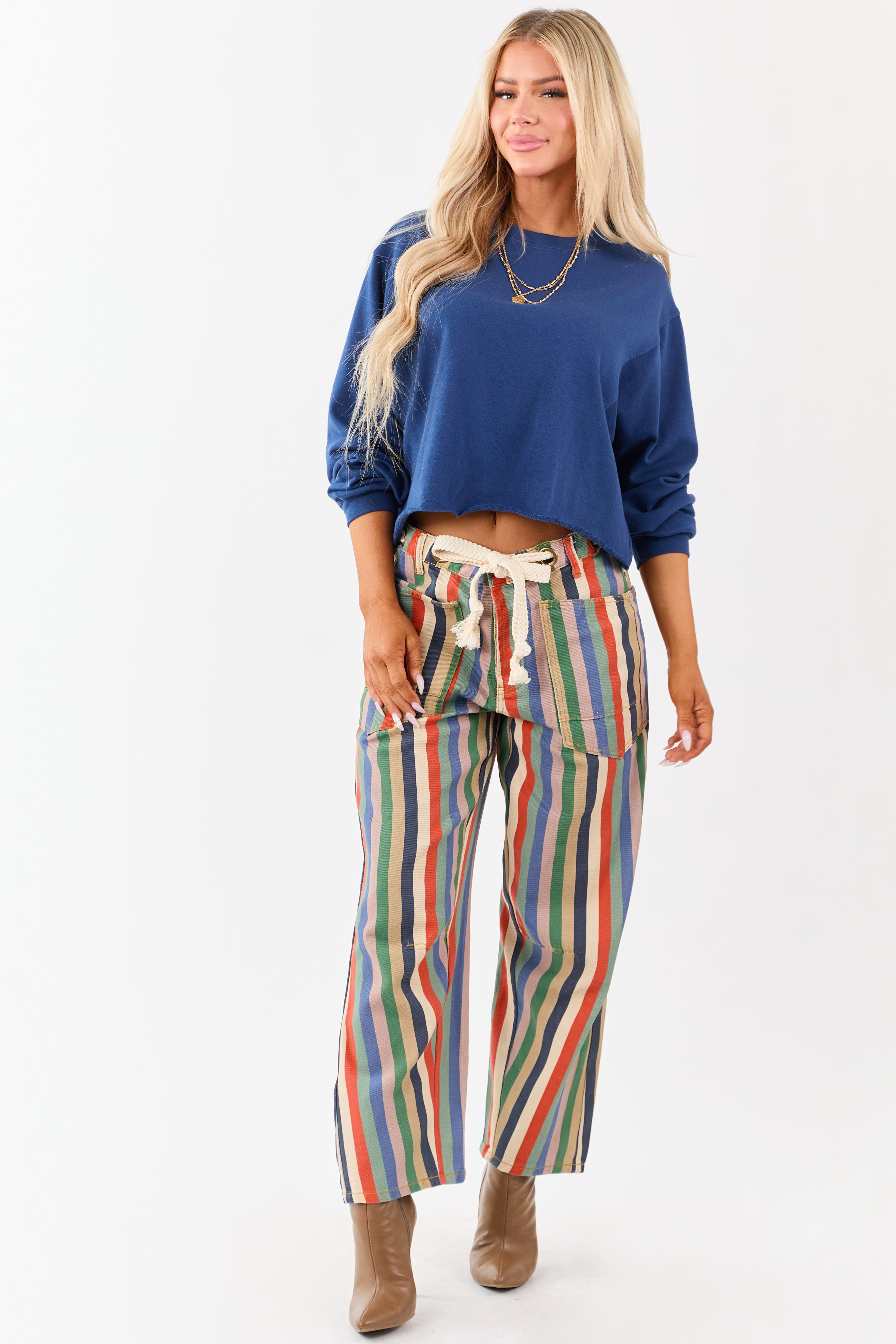 Multicolor Striped Wide Leg Waist Tie Denim Pants