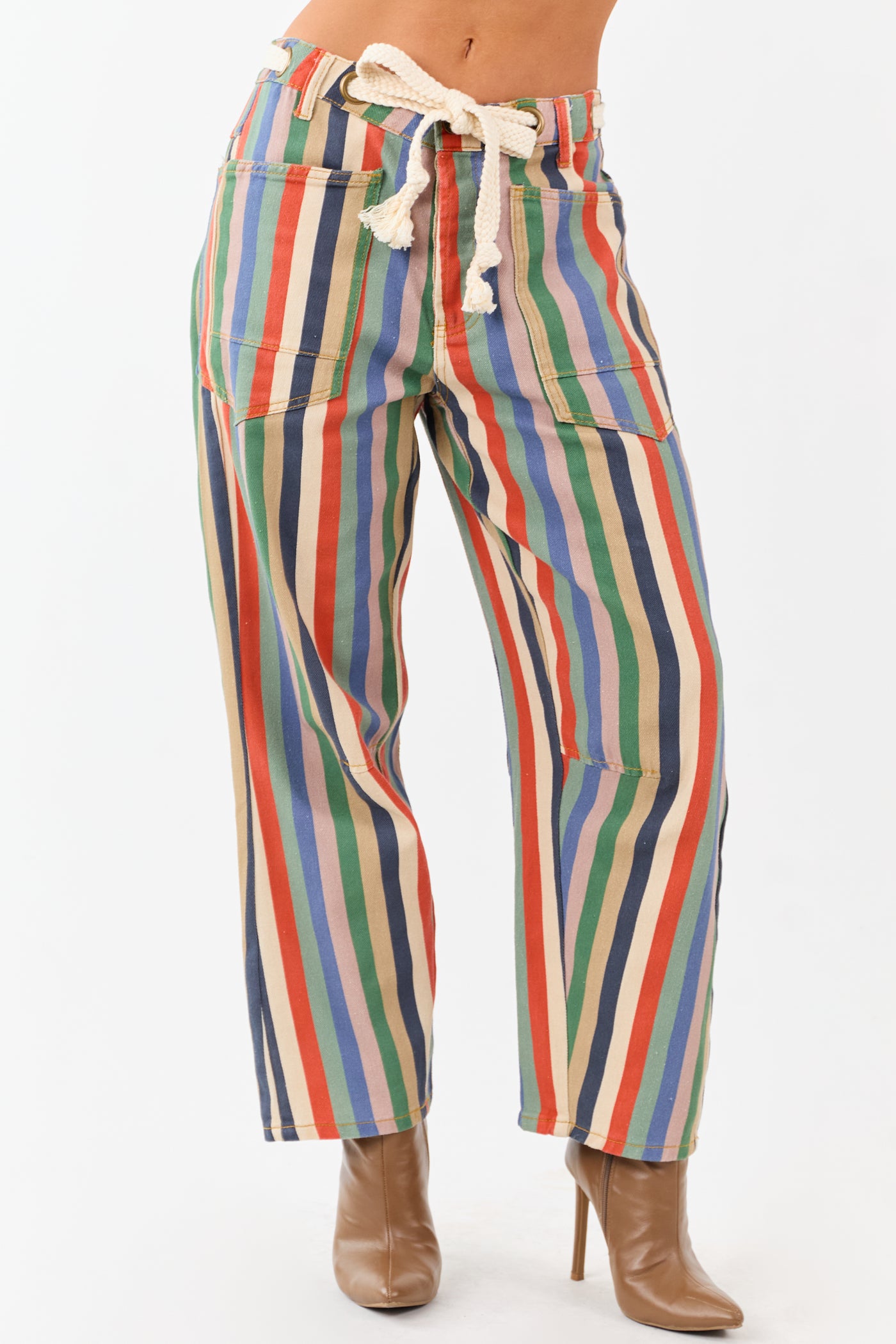 Multicolor Striped Wide Leg Waist Tie Denim Pants