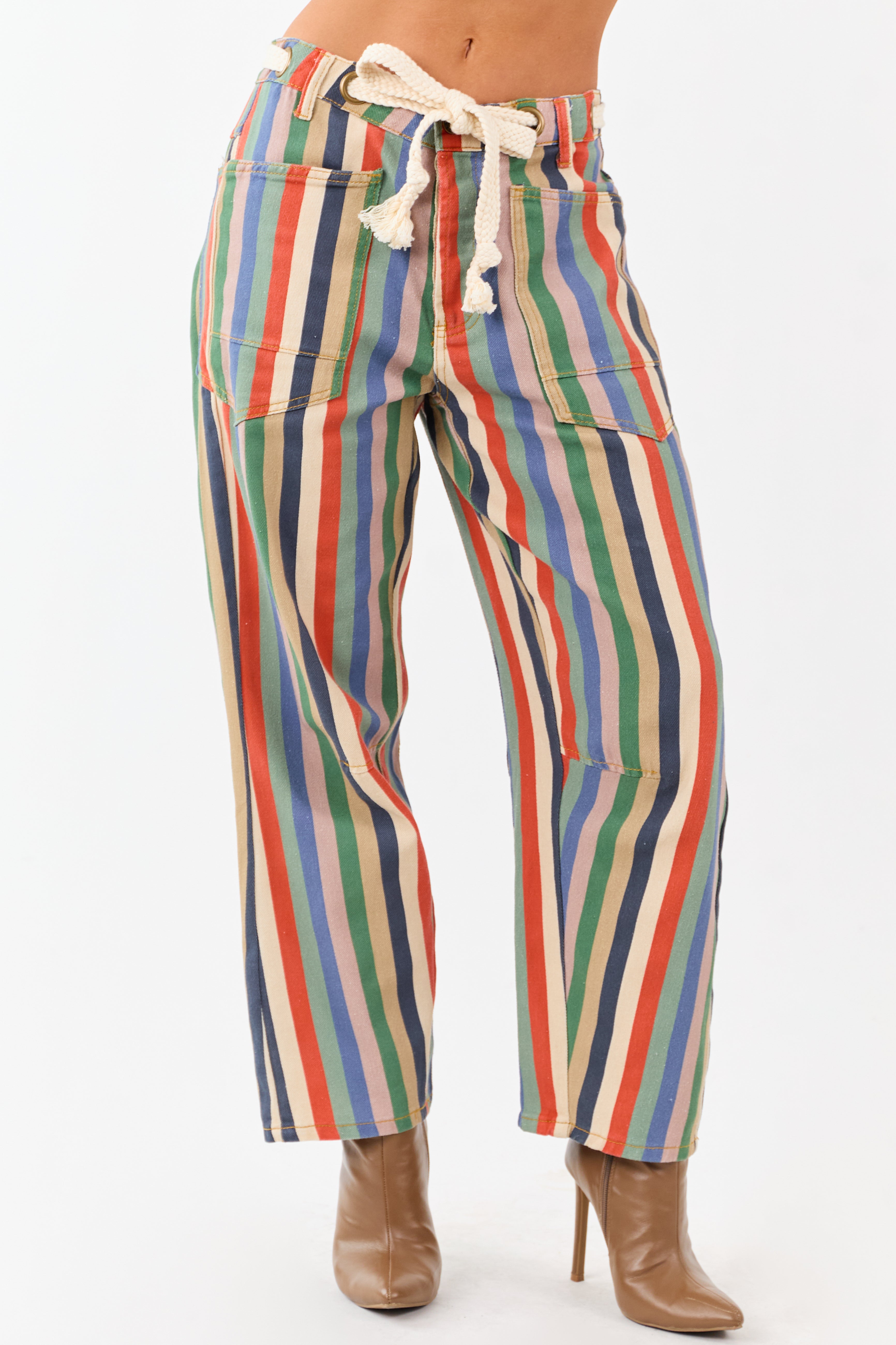 Multicolor Striped Wide Leg Waist Tie Denim Pants