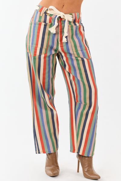 Multicolor Striped Wide Leg Waist Tie Denim Pants