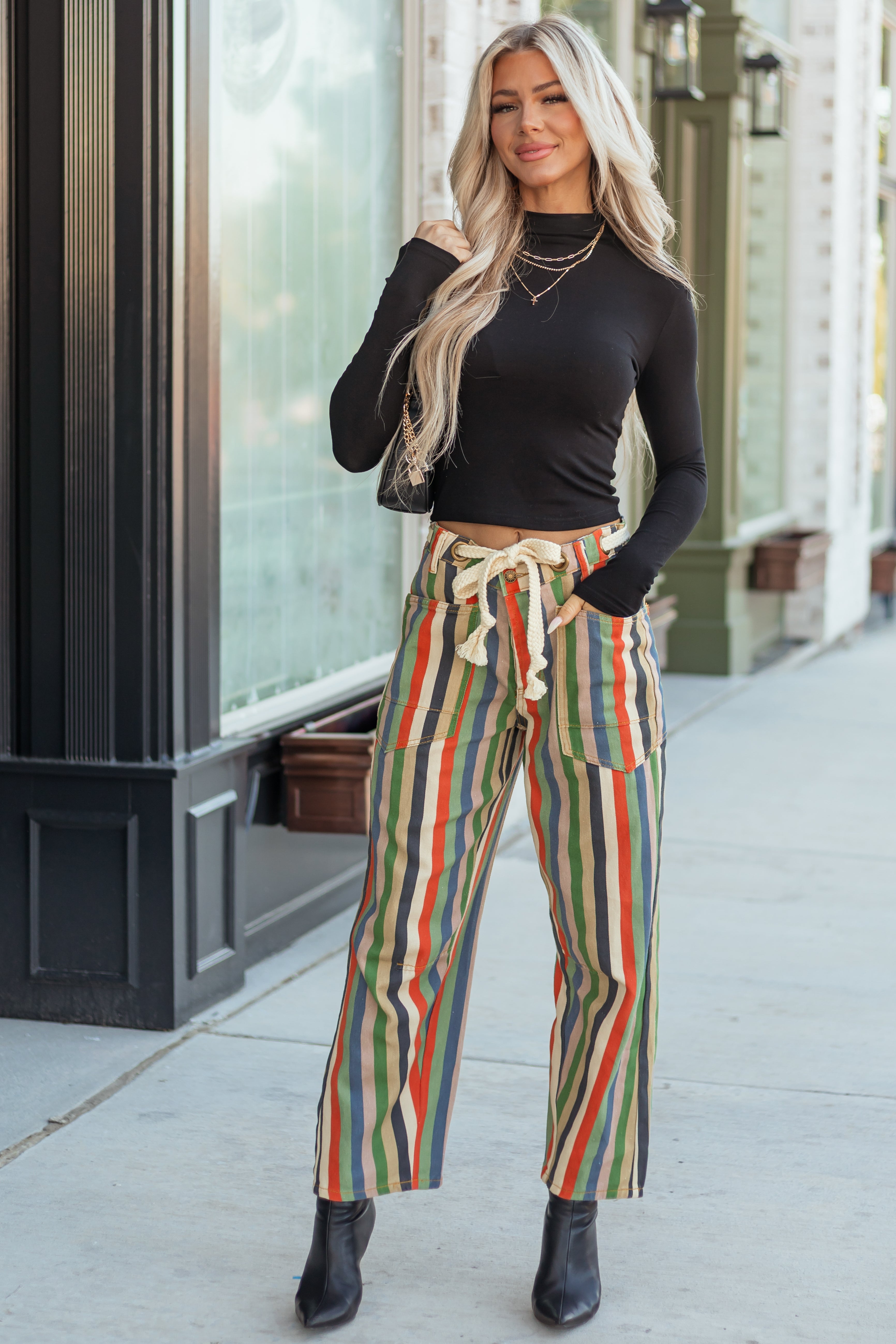 Multicolor Striped Wide Leg Waist Tie Denim Pants