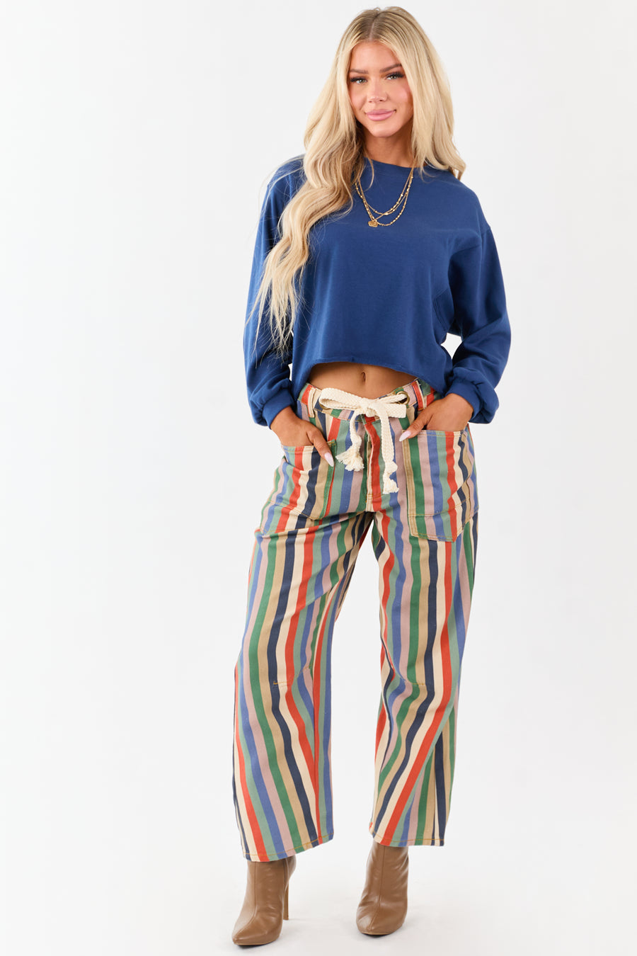Multicolor Striped Wide Leg Waist Tie Denim Pants