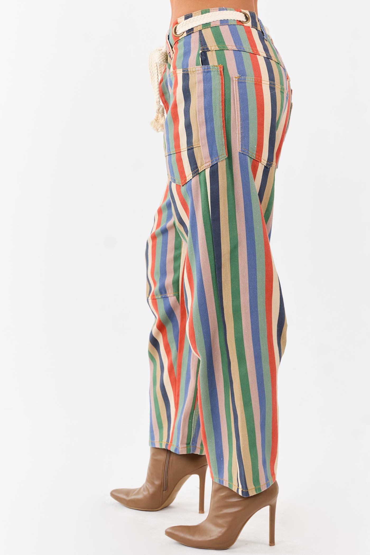 Multicolor Striped Wide Leg Waist Tie Denim Pants