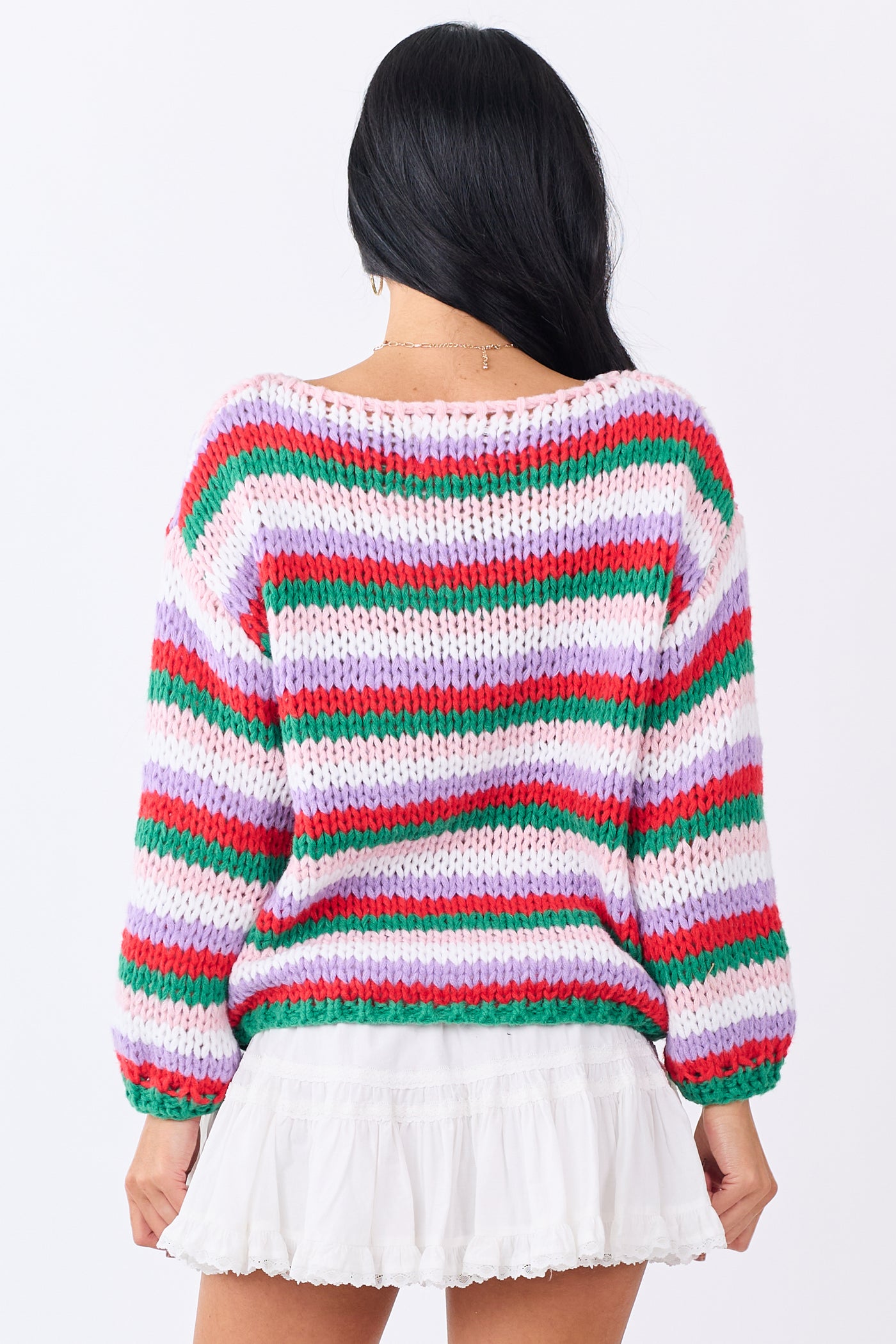 Multicolor Striped Yarn Rib Knit Boatneck Sweater