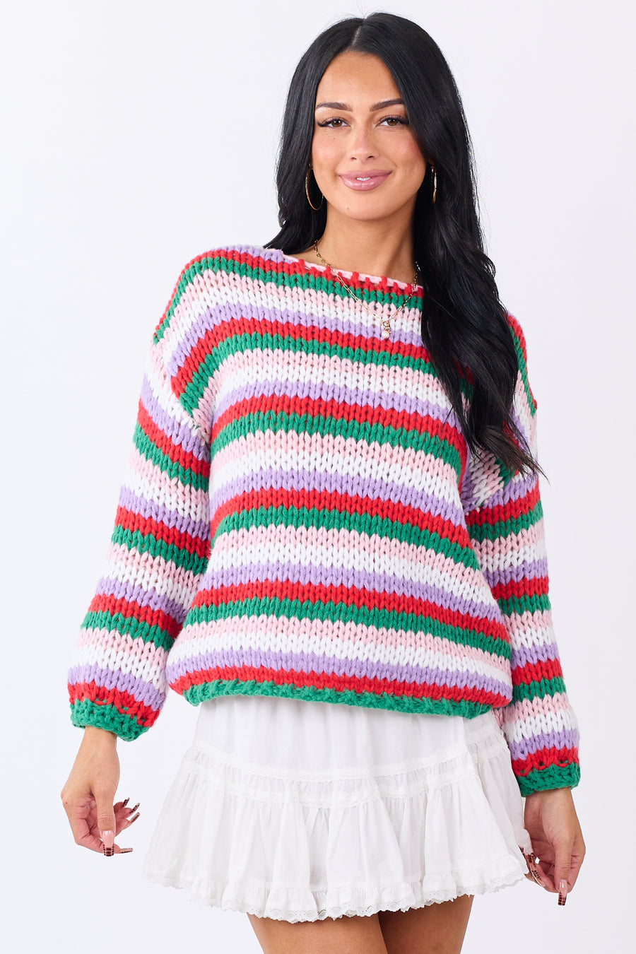 Multicolor Striped Yarn Rib Knit Boatneck Sweater