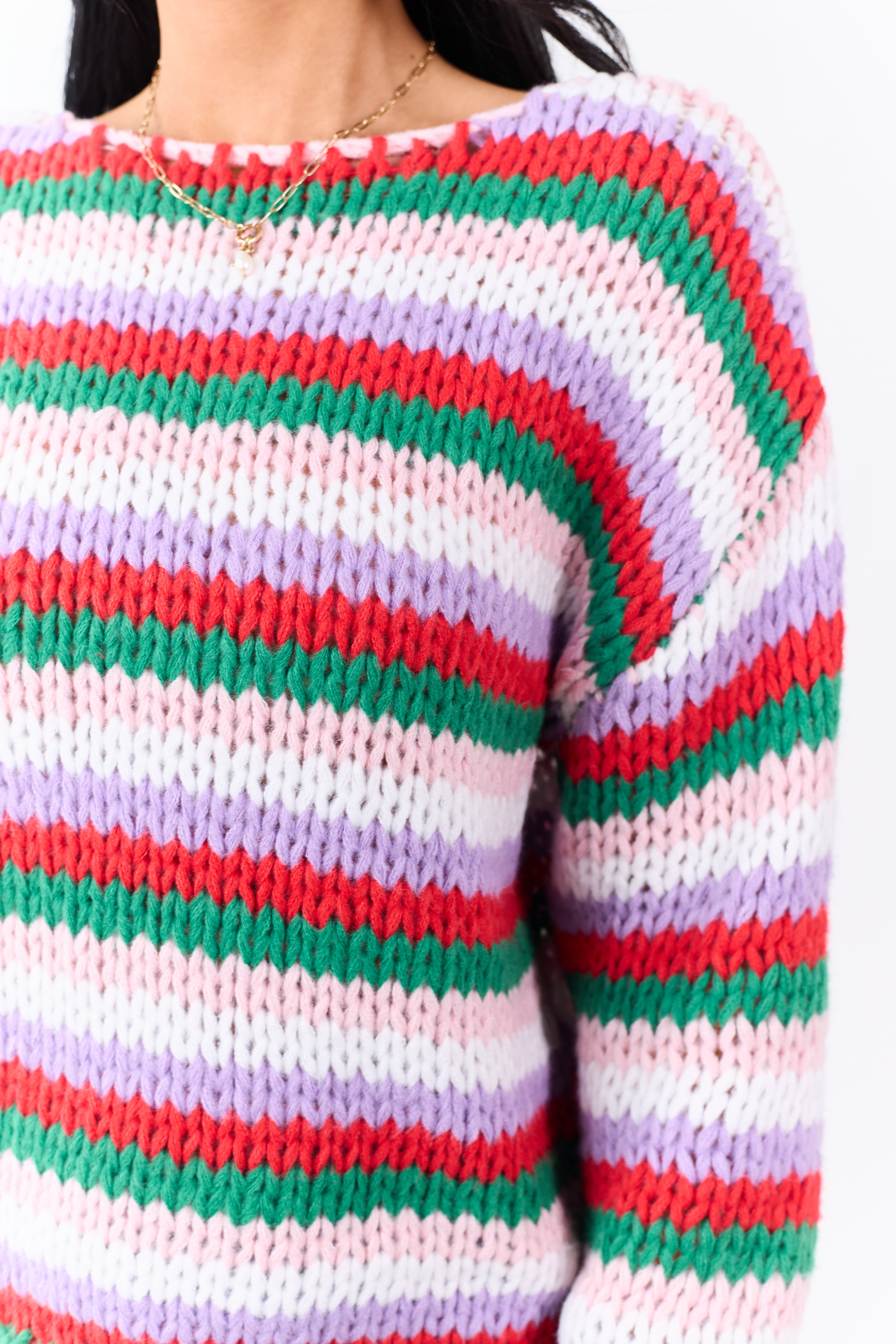 Multicolor Striped Yarn Rib Knit Boatneck Sweater
