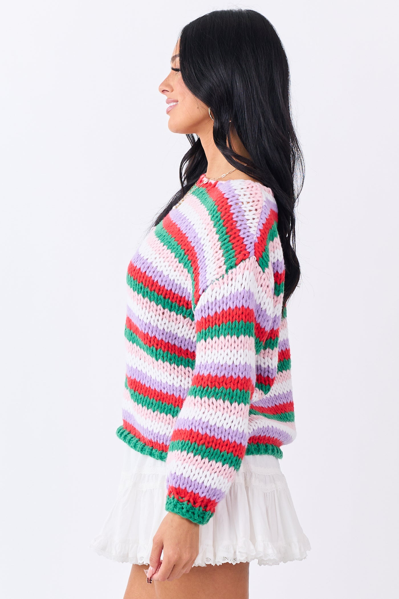 Multicolor Striped Yarn Rib Knit Boatneck Sweater