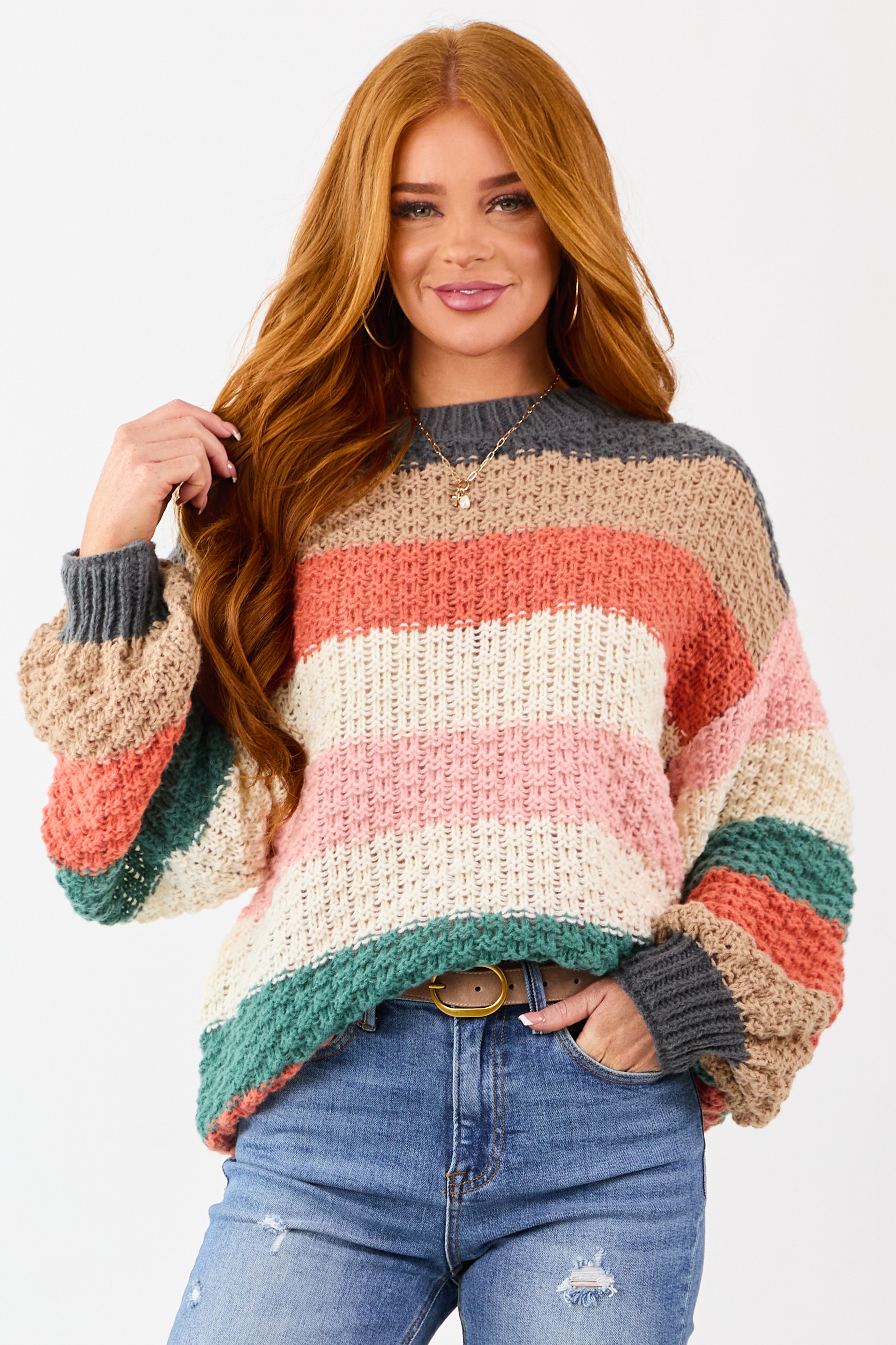 Multicolored Colorblock Stripe Relaxed Sweater