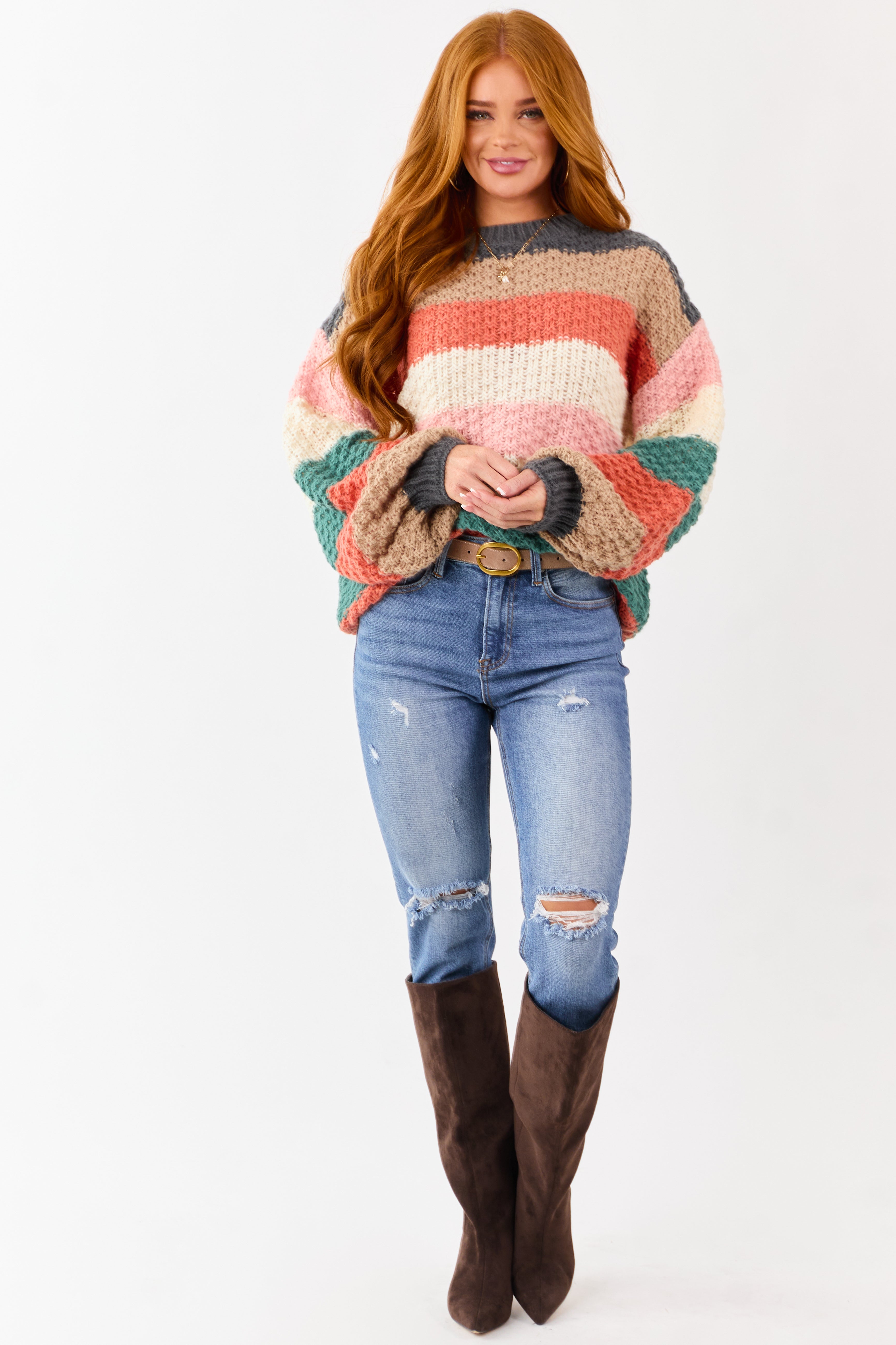 Multicolored Colorblock Stripe Relaxed Sweater