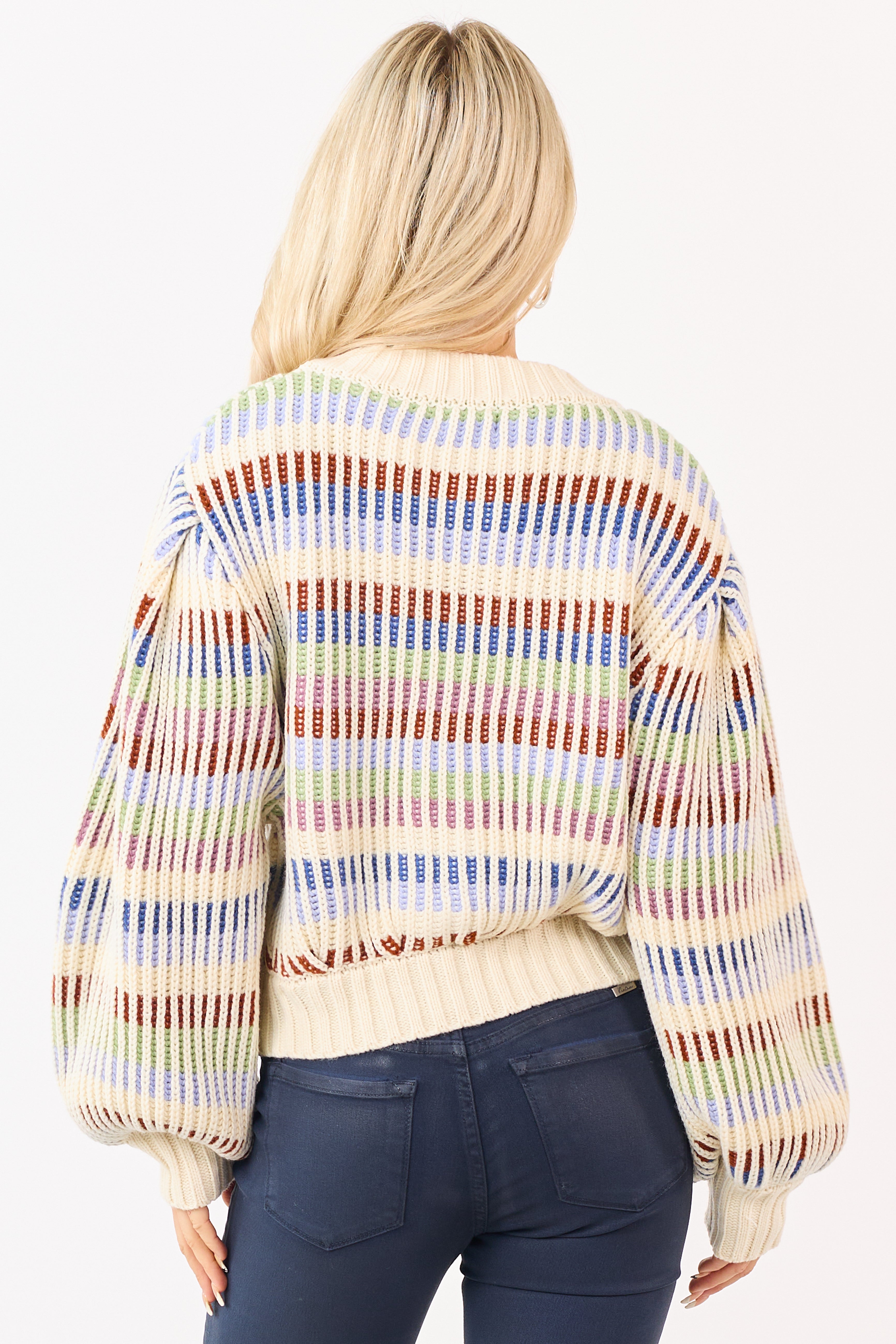 Multicolored Striped Chunky Ribbed Sweater Cardigan