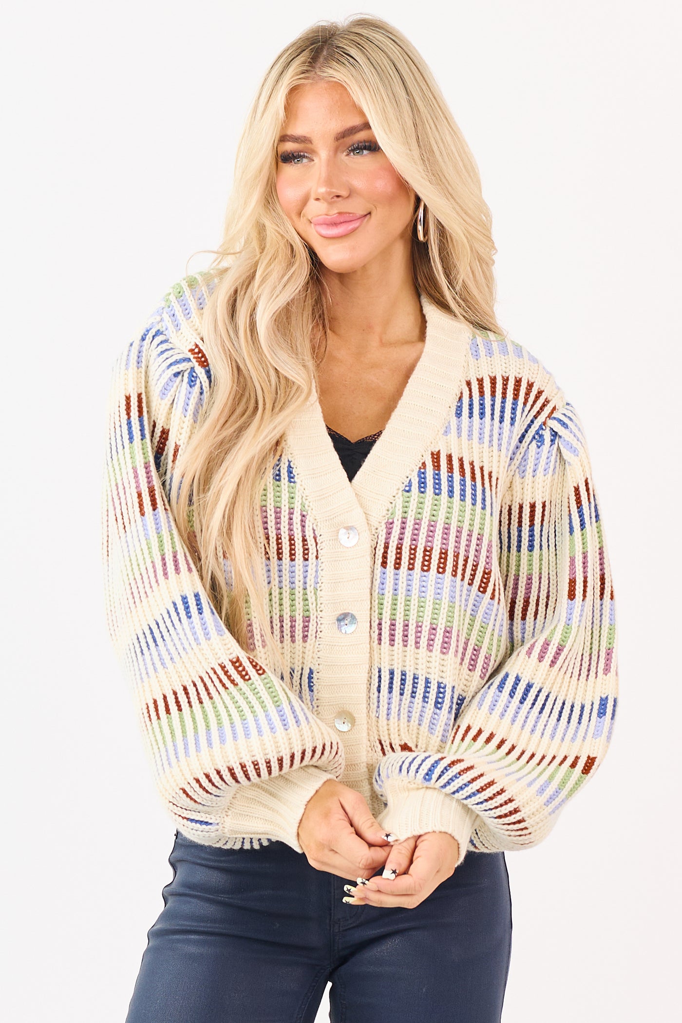 Multicolored Striped Chunky Ribbed Sweater Cardigan