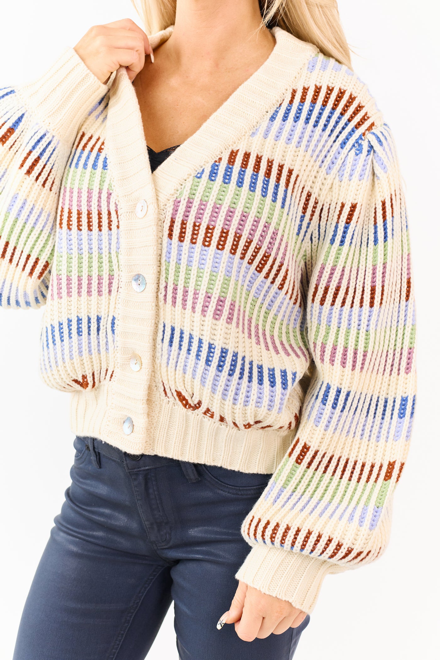 Multicolored Striped Chunky Ribbed Sweater Cardigan