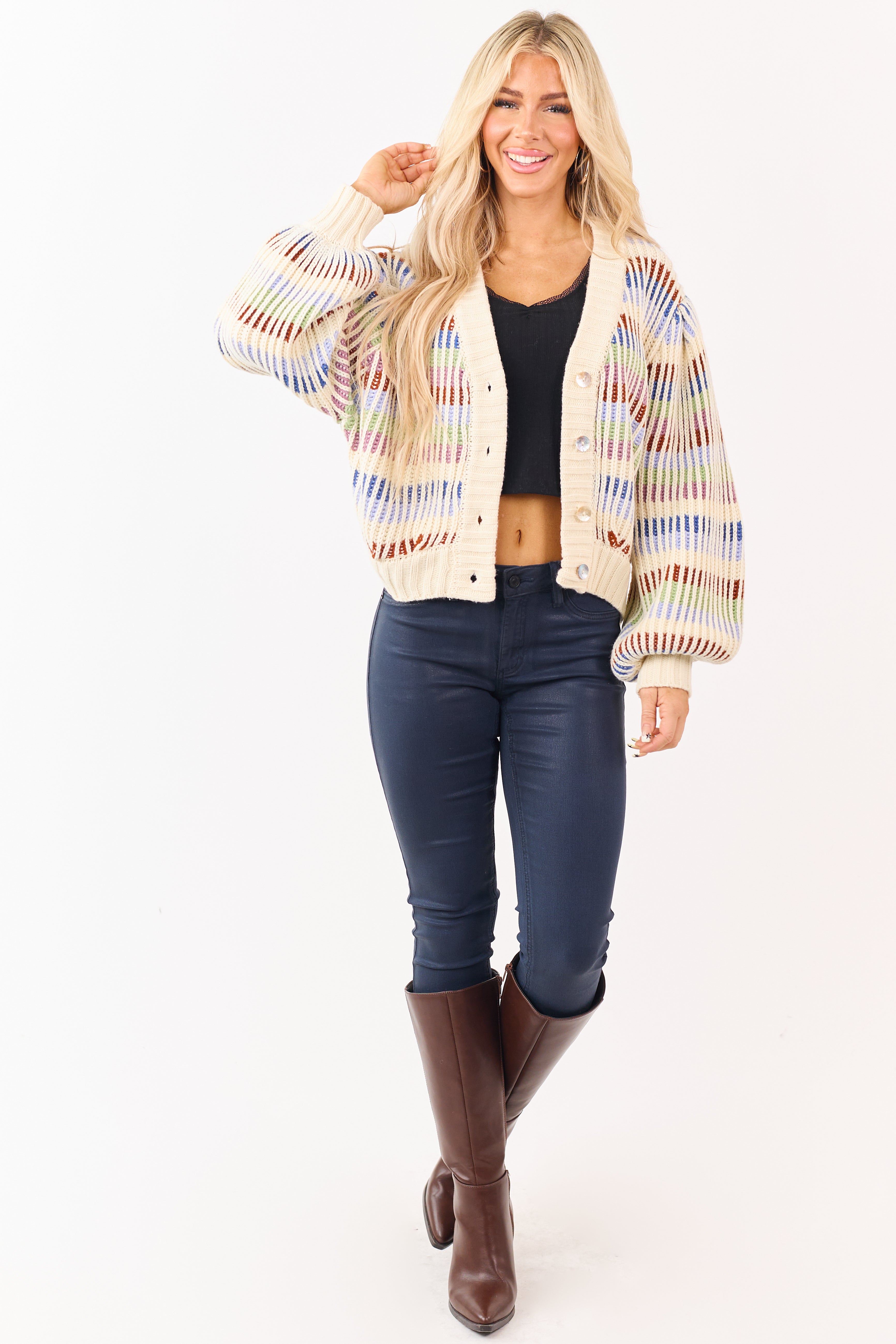 Multicolored Striped Chunky Ribbed Sweater Cardigan