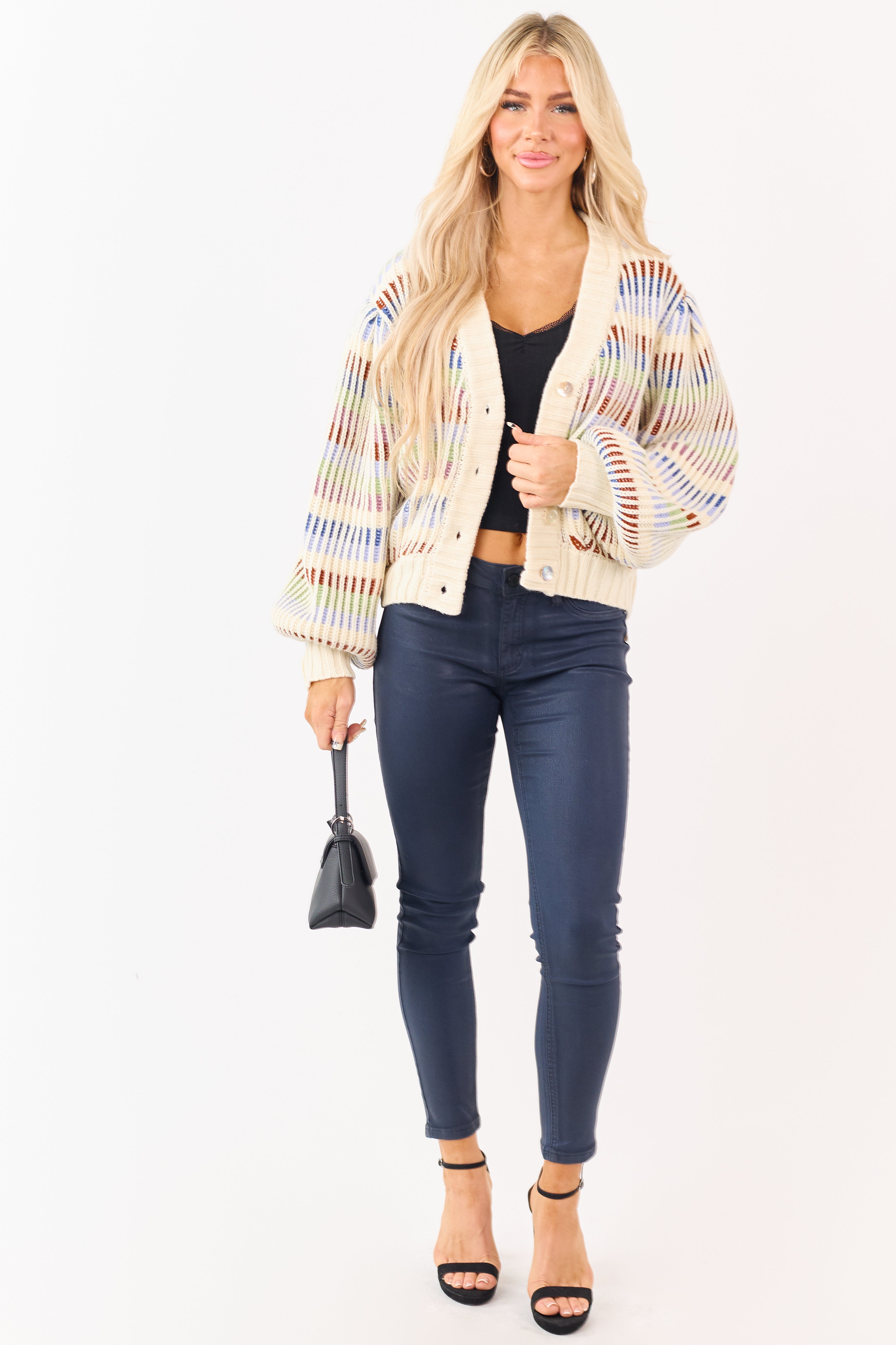 Multicolored Striped Chunky Ribbed Sweater Cardigan