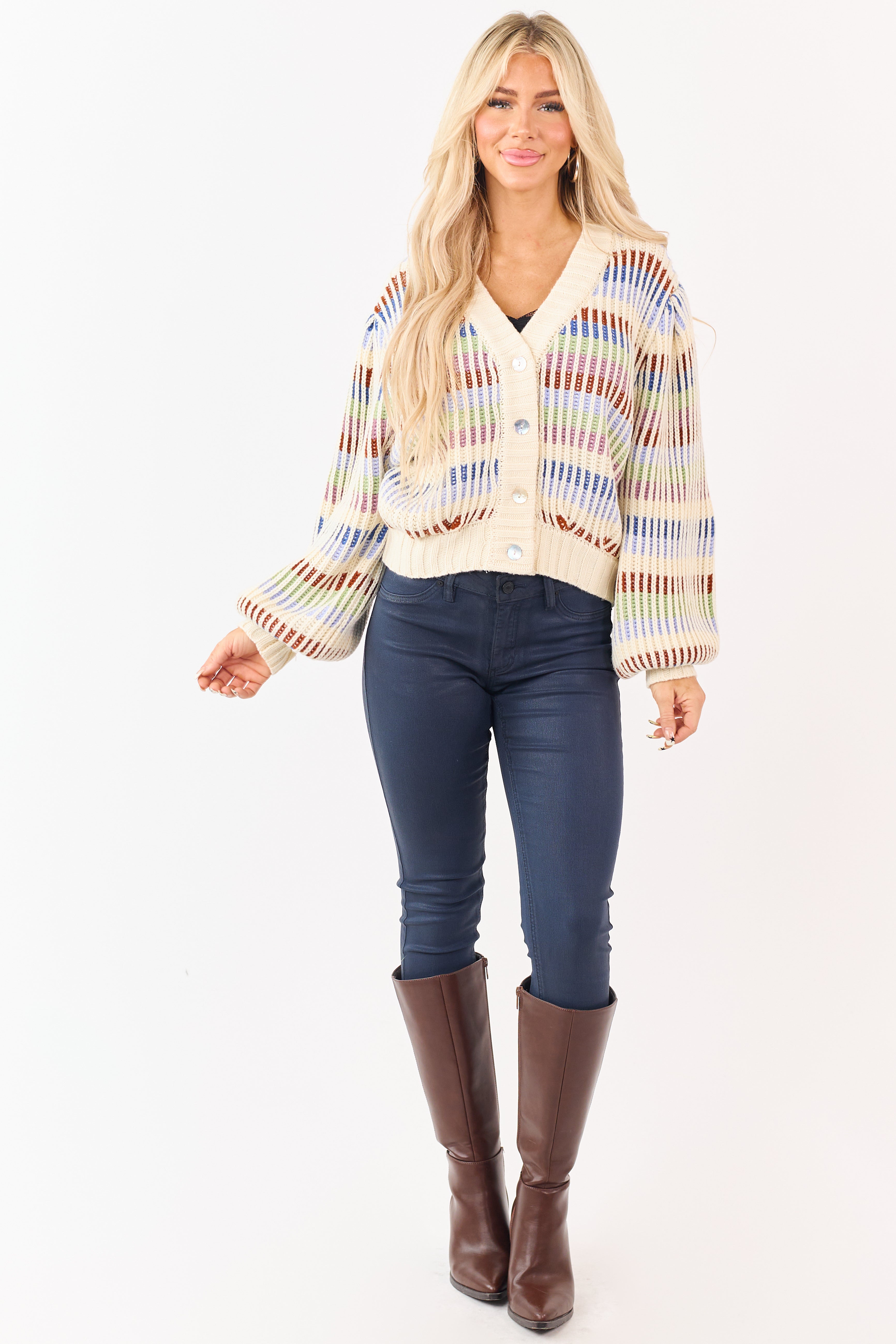Multicolored Striped Chunky Ribbed Sweater Cardigan | Lime Lush