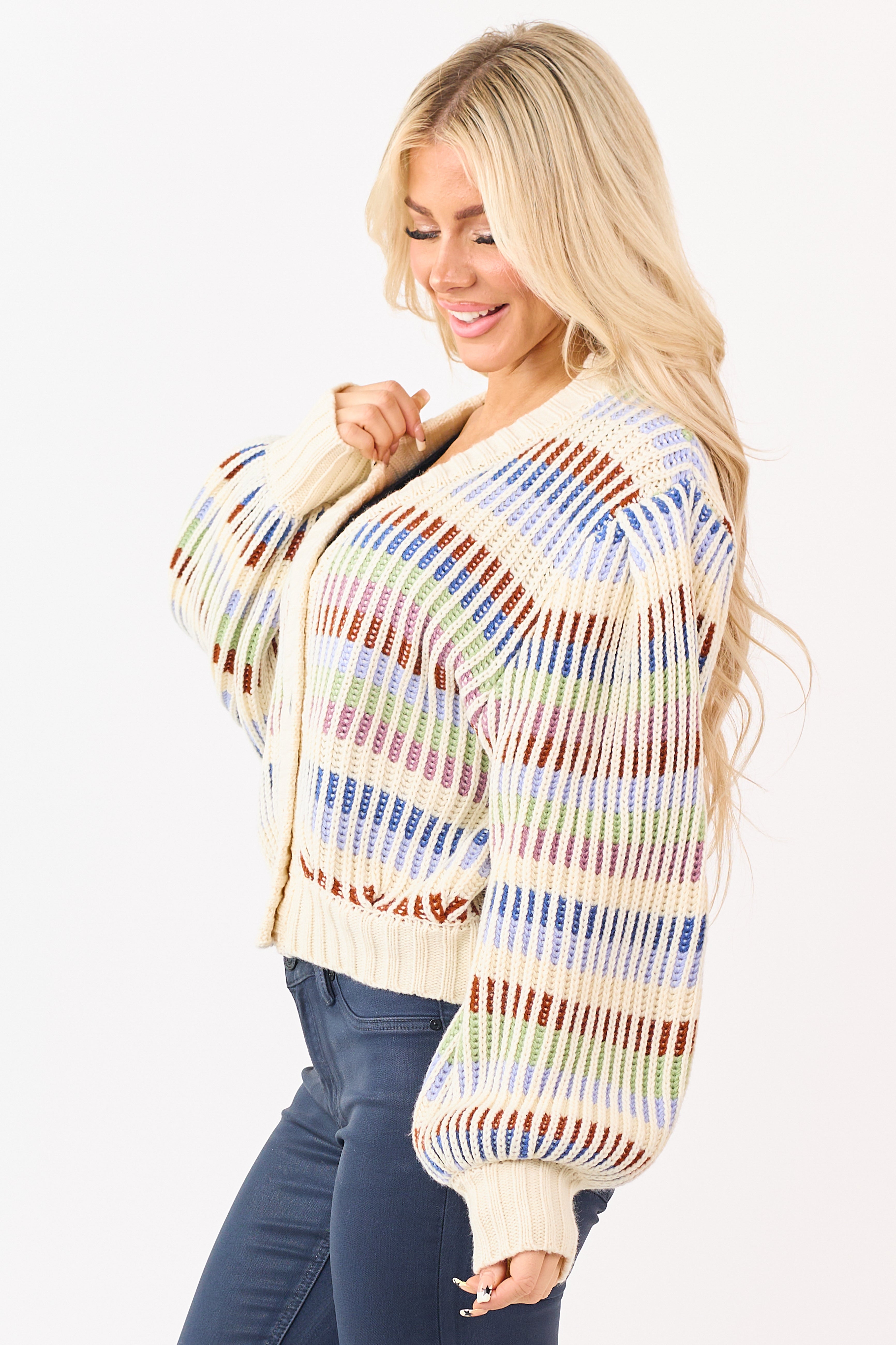 Multicolored Striped Chunky Ribbed Sweater Cardigan