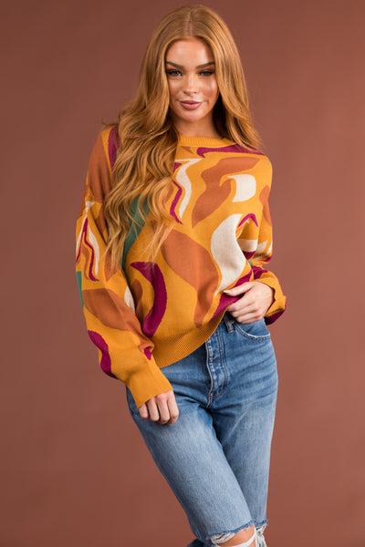 Mustard Abstract Print Round Neck Sweater