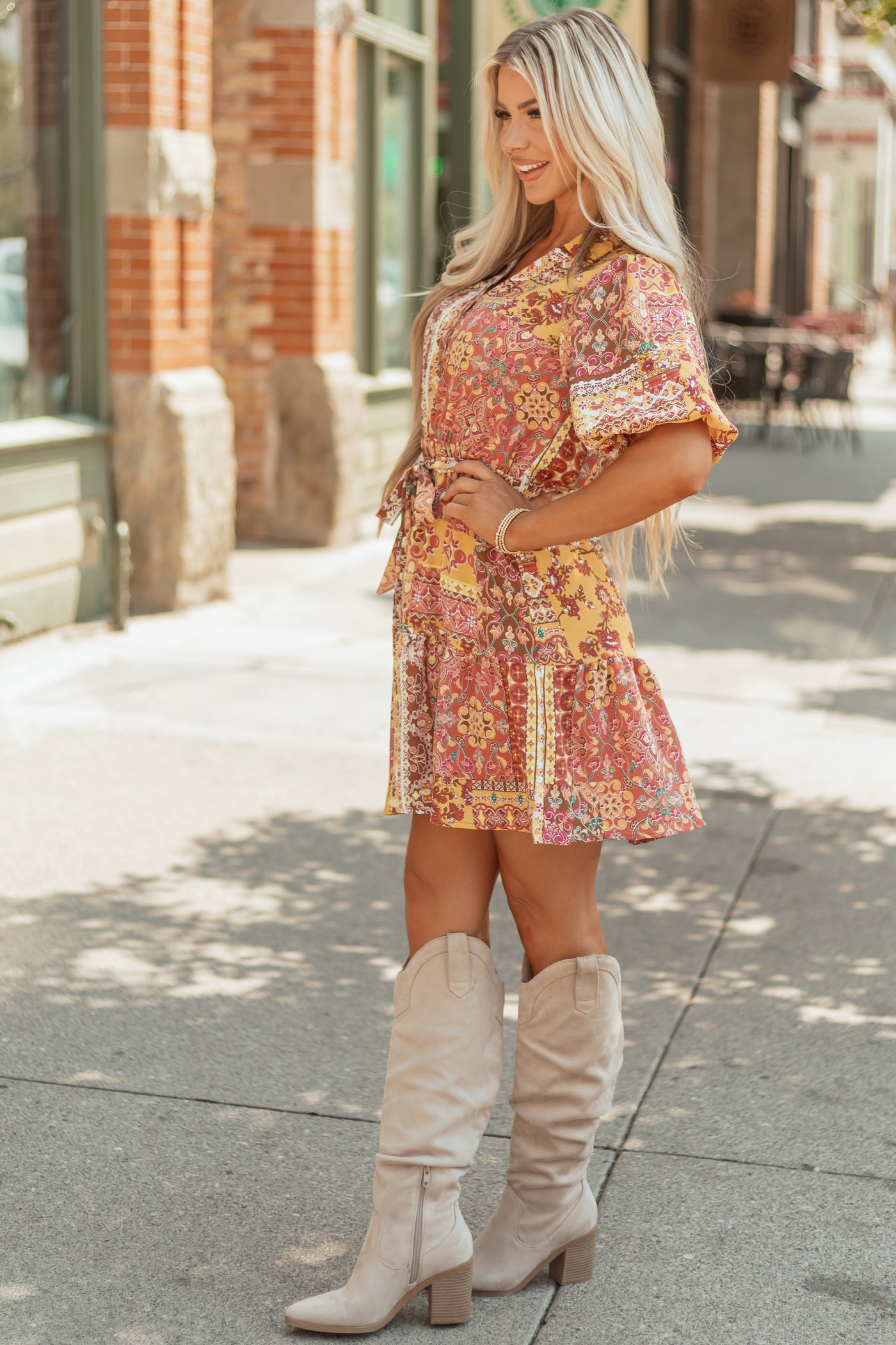 Mustard Boho Tile Print Bubble Sleeve Mini Dress
