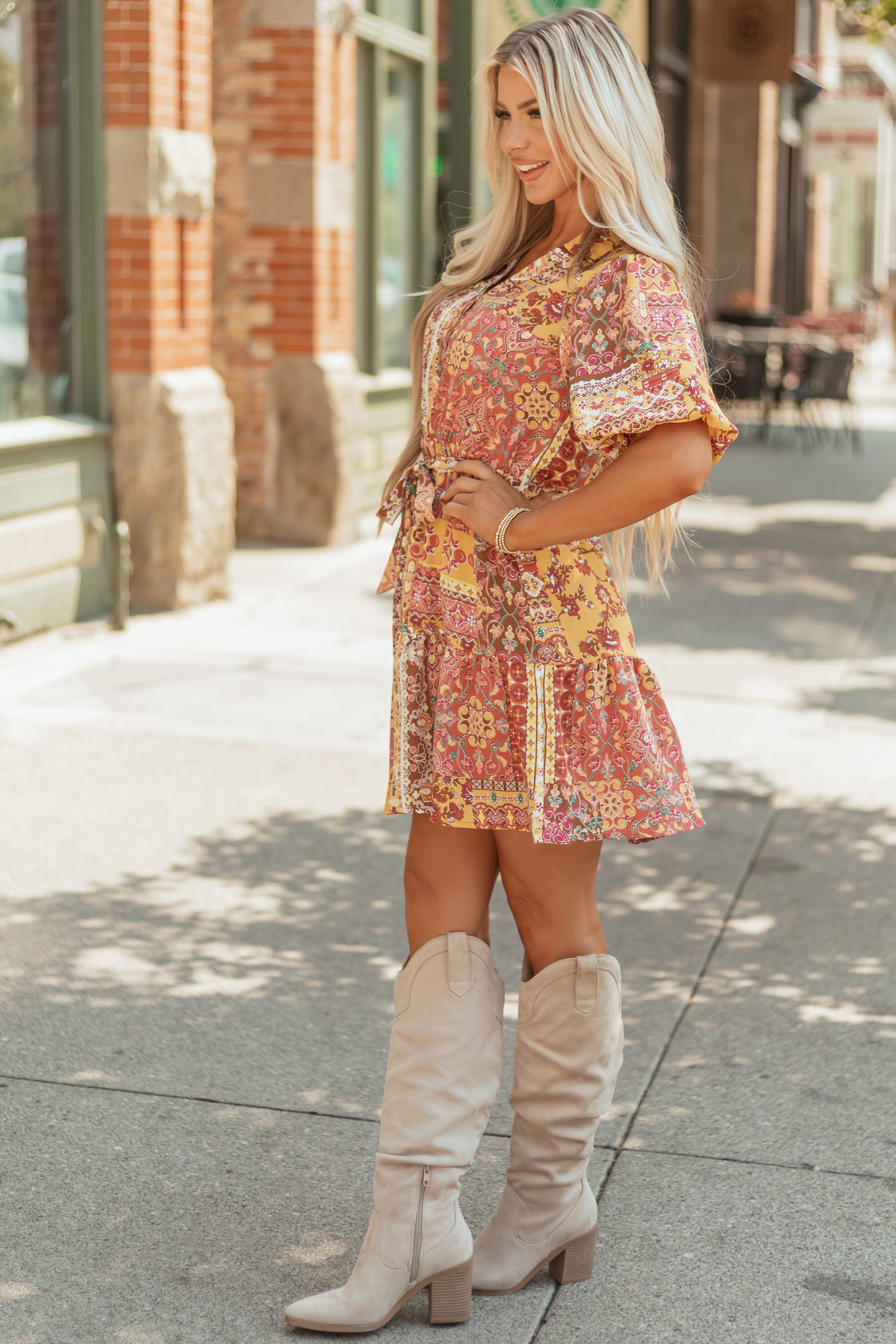 Mustard Boho Tile Print Bubble Sleeve Mini Dress