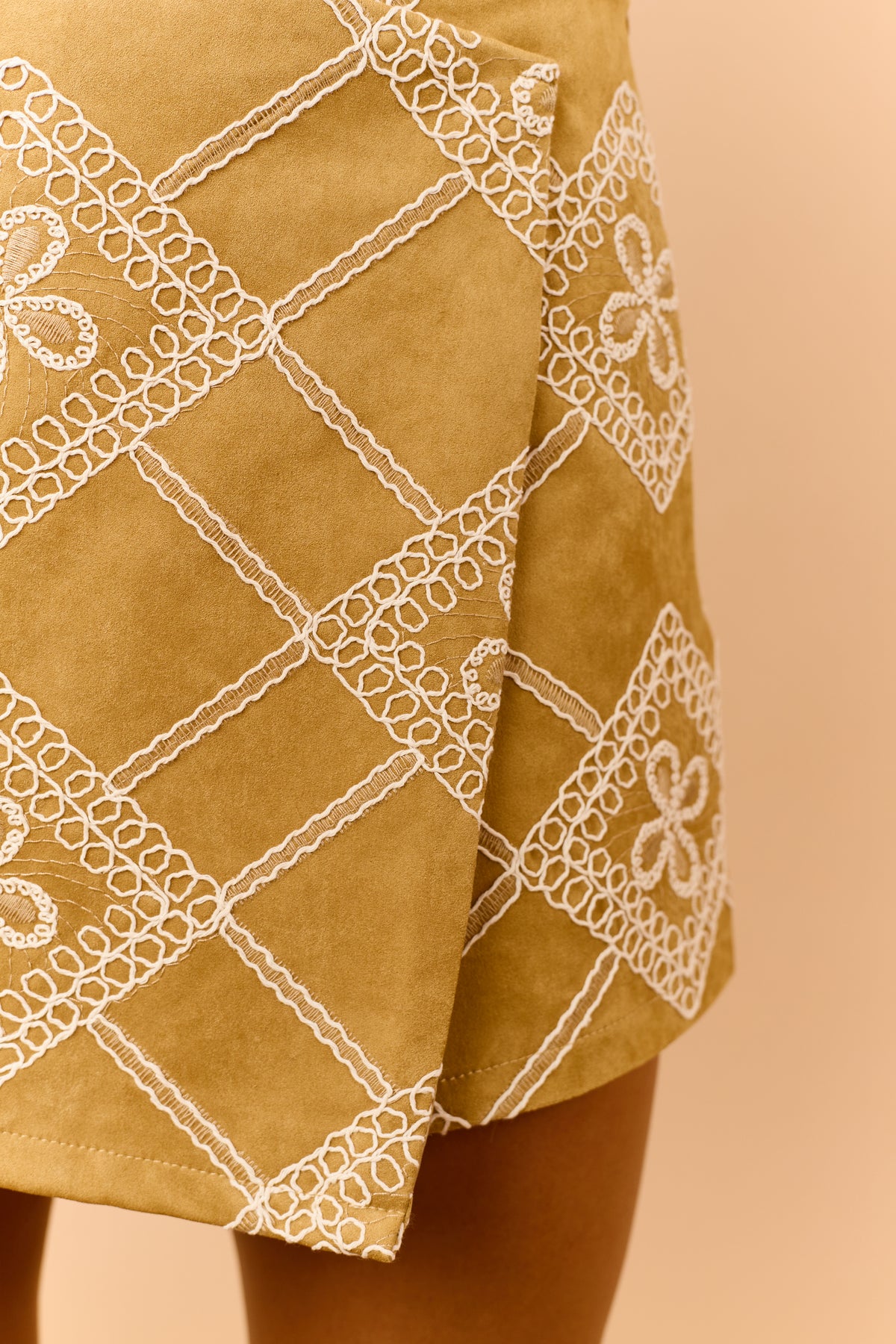 Mustard Faux Suede 3D Floral Embroidered Skort