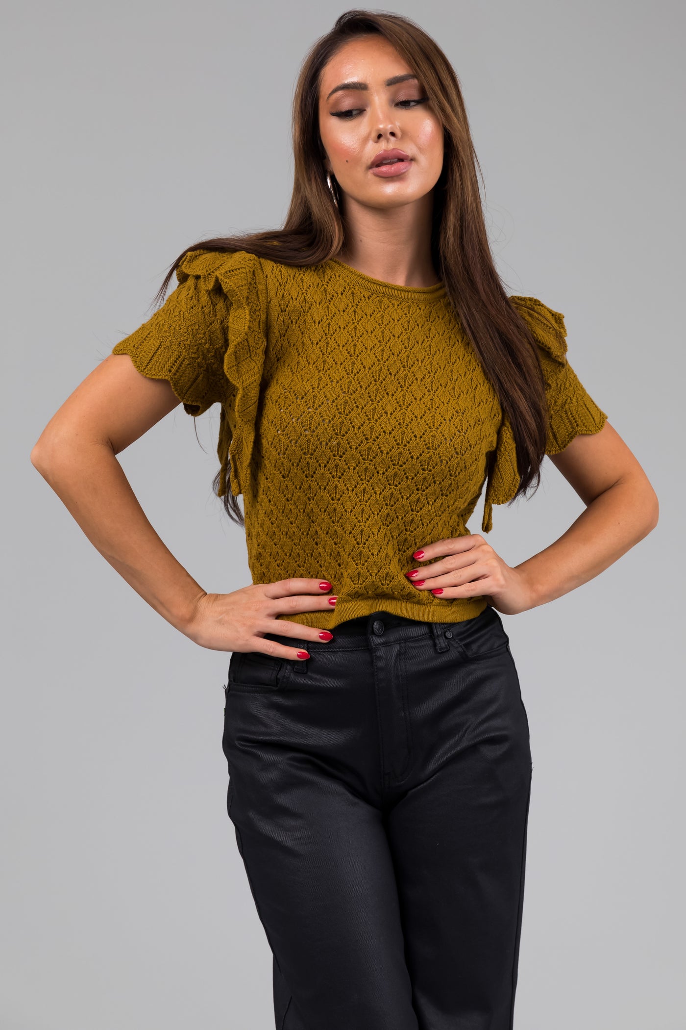 Mustard Ruffle Sleeve Crochet Knit Crop Top