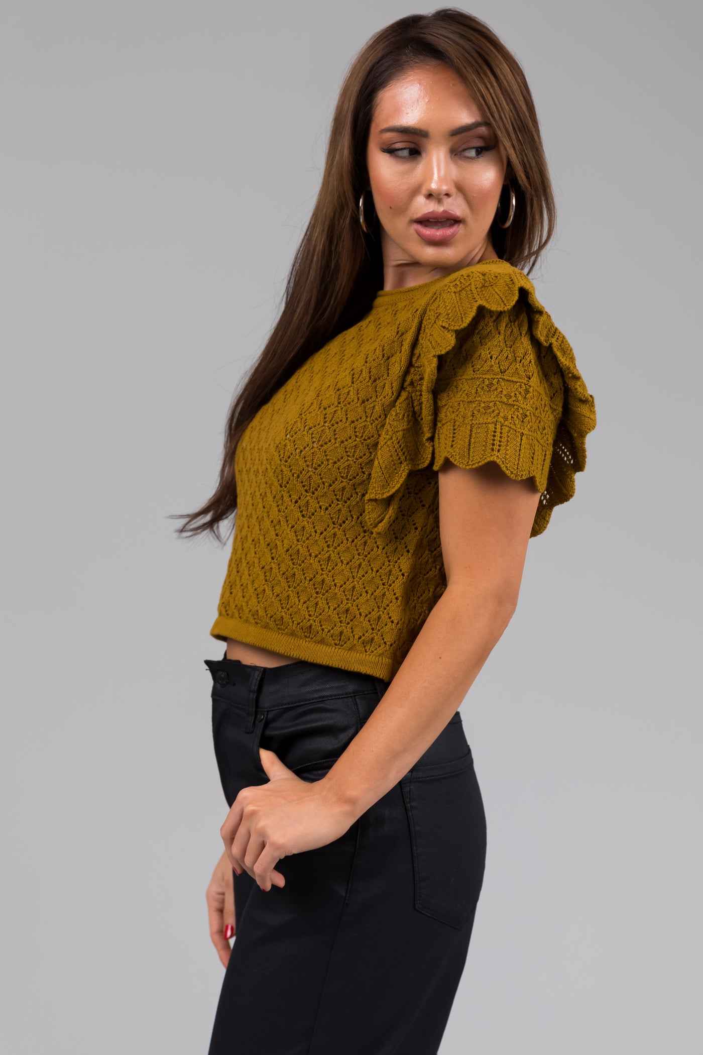 Mustard Ruffle Sleeve Crochet Knit Crop Top