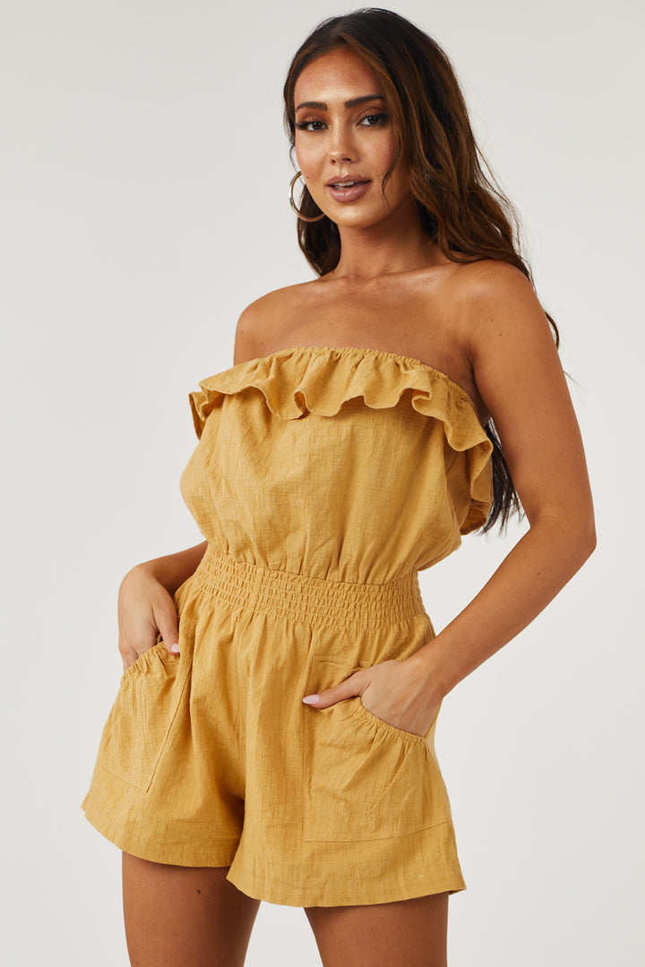 Mustard Strapless Woven Romper with Pockets