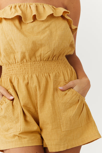 Mustard Strapless Woven Romper with Pockets