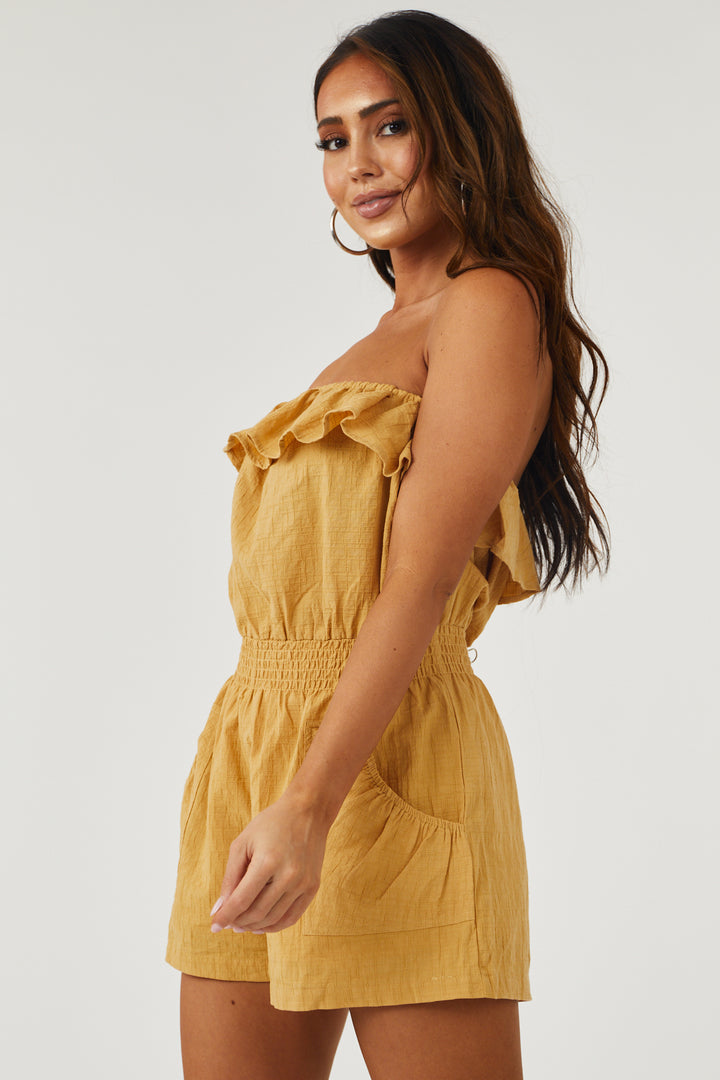 Mustard Strapless Woven Romper with Pockets