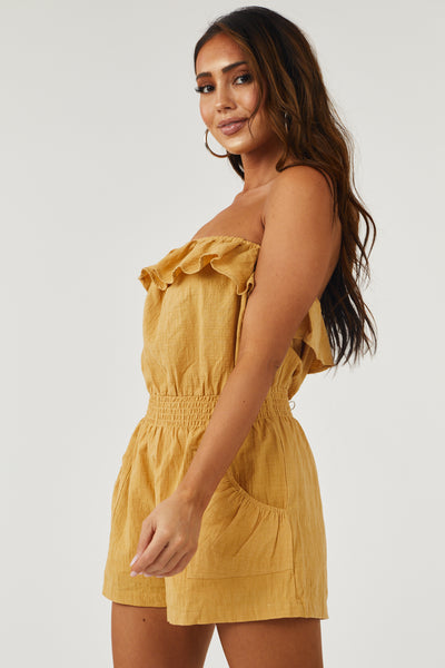 Mustard Strapless Woven Romper with Pockets