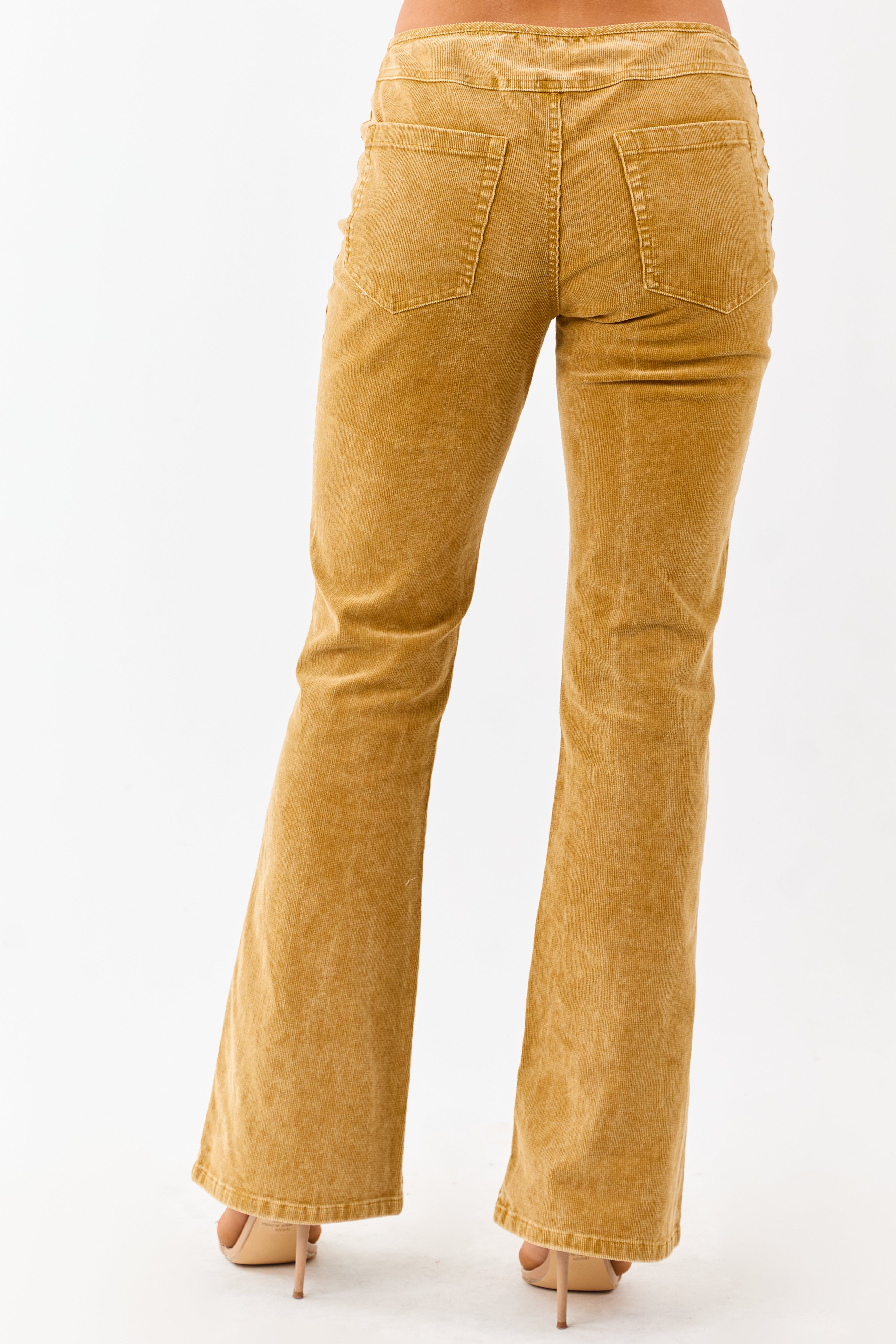 Mustard Washed Corduroy Mid Rise Flare Pants | Lime Lush Boutique