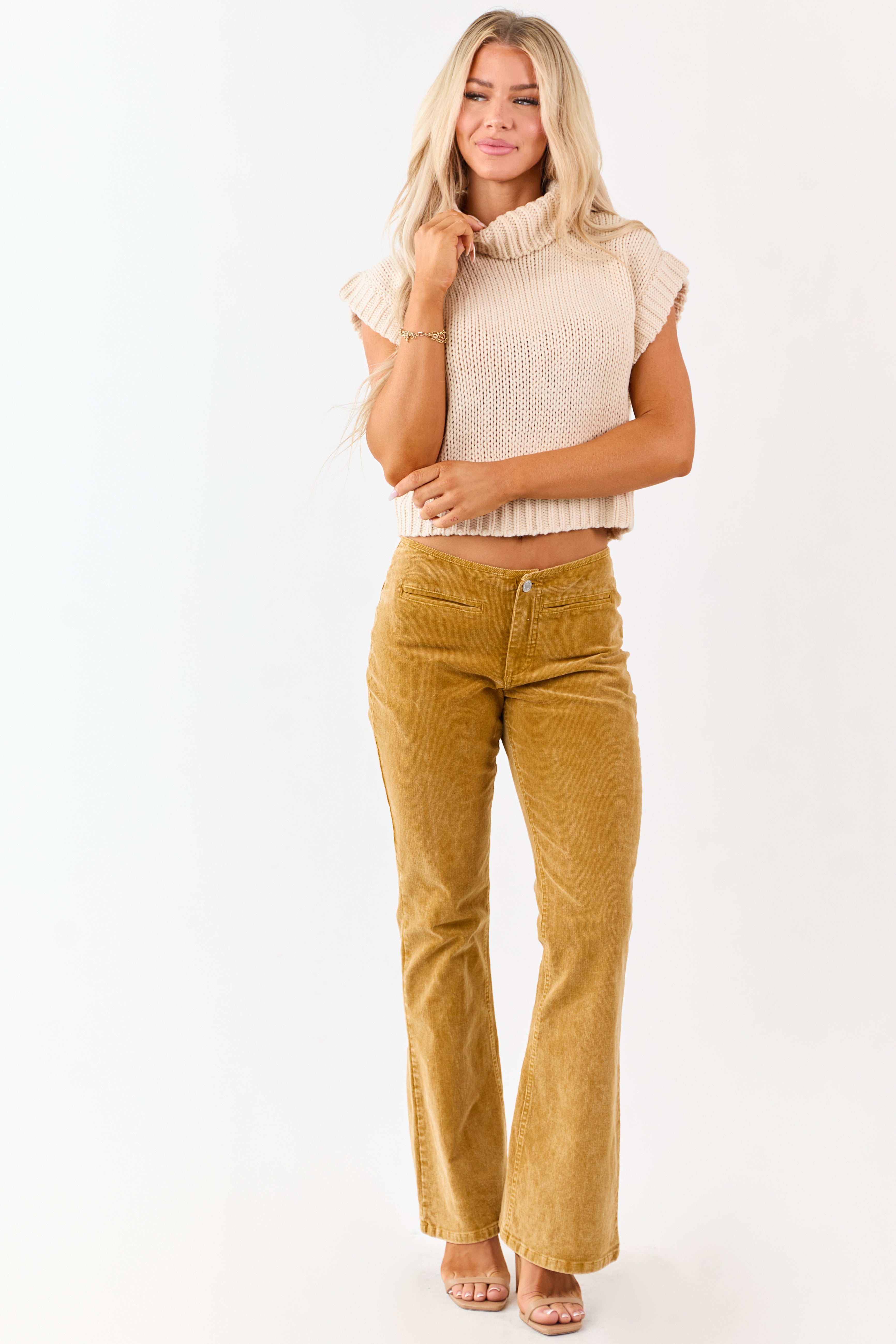 Mustard Washed Corduroy Mid Rise Flare Pants