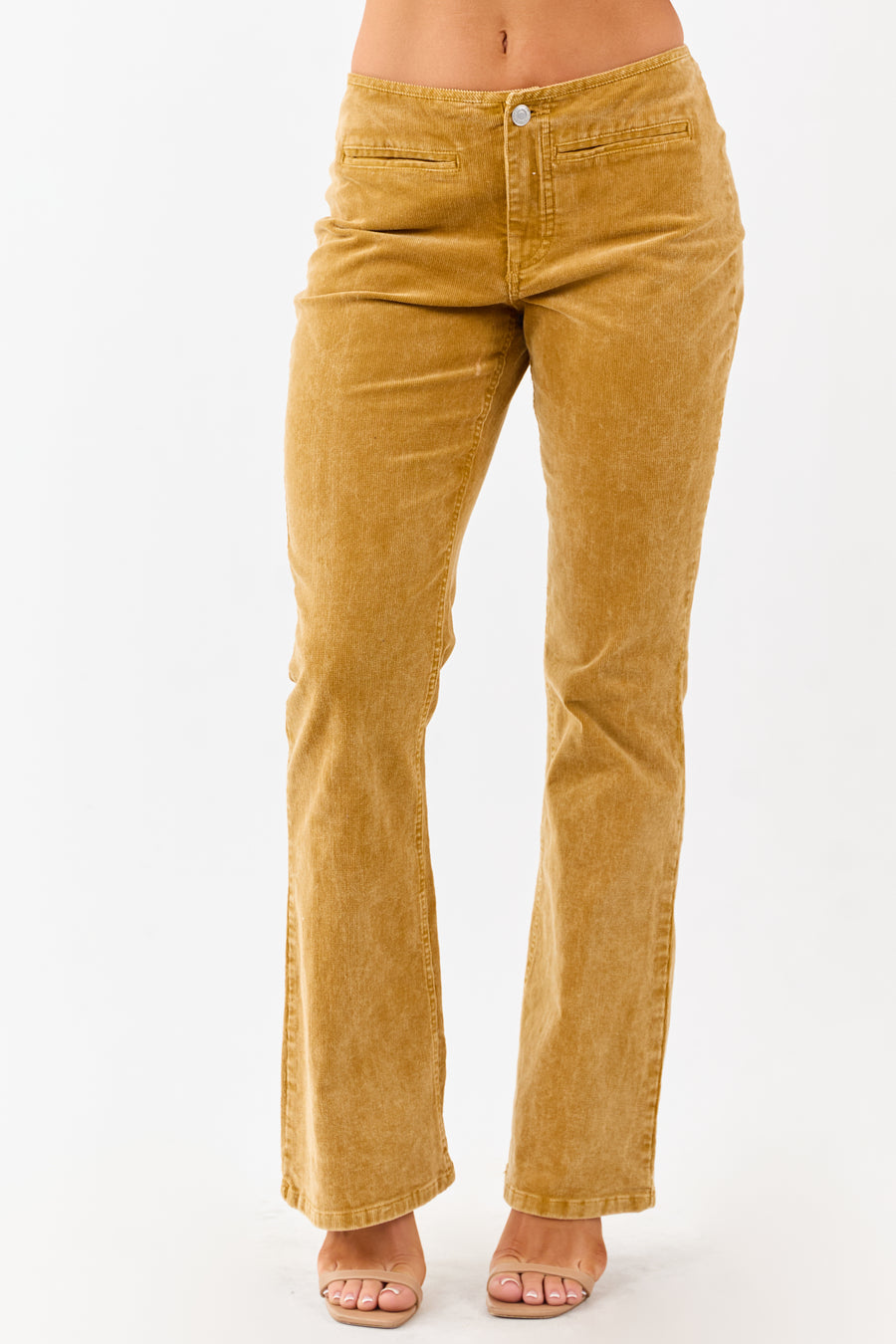 Mustard Washed Corduroy Mid Rise Flare Pants