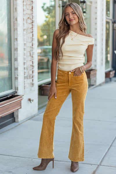 Mustard Washed Corduroy Mid Rise Flare Pants